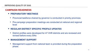 10
 PREPARATORY MEETINGS
• Provincial taskforce chaired by governor is conducted in priority provinces
• Pre-campaign preparation meetings are conducted at national and regional
level
 REGULAR DISTRICT SPECIFIC PROFILE UPDATES
• District profiles were developed for 47 VHR districts and are reviewed and
revised before every SIAs
 MANAGEMENT SUPPORT
• Management support from national team is provided during the preparation
phase.
IMPROVING QUALITY OF SIAS
CAMPAIGN READINESS
 