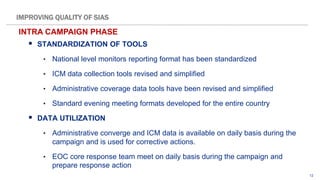 12
 STANDARDIZATION OF TOOLS
• National level monitors reporting format has been standardized
• ICM data collection tools revised and simplified
• Administrative coverage data tools have been revised and simplified
• Standard evening meeting formats developed for the entire country
 DATA UTILIZATION
• Administrative converge and ICM data is available on daily basis during the
campaign and is used for corrective actions.
• EOC core response team meet on daily basis during the campaign and
prepare response action
INTRA CAMPAIGN PHASE
IMPROVING QUALITY OF SIAS
 