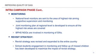 13
 MONITORING
• National level monitors are sent to the area of highest risk aiming
supportive supervision and monitoring
• Joint monitoring plan at regional level is developed to ensure all the
highest risk areas are covered
• BPHS NGOs are involved in monitoring of SIAs.
 REVISIT STRATEGY:
• Revisit strategy was revised and expanded to the entire country
• School students engagement in monitoring and follow up of missed children
has been developed to maximize the impact of revisit strategy.
INTRA CAMPAIGN PHASE Cont..
IMPROVING QUALITY OF SIAS
 