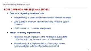 17
 Concerns regarding quality of data
• Independency of data cannot be ensured in some of the areas
• Data quality in area with limited monitoring (category 3) is of
concerns
• LQAS cannot be conducted everywhere
 Action for timely improvement
• Failed lots though improved in the next round, but on time
corrective action for the same round is not universal.
• More closer look at implementation of campaign review
recommendation in terms of selection is required
POST CAMPAIGN PHASE (CHALLENGES)
IMPROVING QUALITY OF SIAS
 