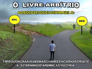 TRANSPÕE RAPIDAMENTE E MENOS PENOSAMENTE
A SUA MARCHA REENCARNATÓRIA.
PROLONGA A SUA MARCHA REENCARNATÓRIA,
TORNANDO-A UM CASTIGO.
AQUELE QUE USA COM ZELO:
AQUELE QUE USA MAL:
 