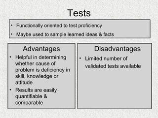 Tests
• Functionally oriented to test proficiency
• Maybe used to sample learned ideas & facts


     Advantages                        Disadvantages
• Helpful in determining        • Limited number of
  whether cause of                validated tests available
  problem is deficiency in
  skill, knowledge or
  attitude
• Results are easily
  quantifiable &
  comparable
 