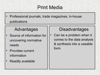 Print Media
• Professional journals, trade magazines, in-house
  publications

     Advantages                    Disadvantages
• Source of information for   • Can be a problem when it
  uncovering normative          comes to the data analysis
  needs                         & synthesis into a useable
                                form
• Provides current
  information
• Readily available
 