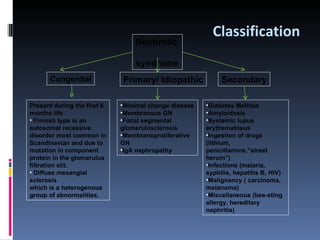 Classification Nephrotic  syndrome Primary/ Idiopathic Secondary Minimal change disease Membranous GN Focal segmental  glomerulosclerosis Membranoproliferative GN IgA nephropathy  Diabetes Mellitus Amyloidosis Systemic lupus erythematosus Ingestion of drugs (lithium, penicillamine,”street heroin”) Infections (malaria, syphilis, hepatitis B, HIV) Malignancy ( carcinoma, melanoma) Miscellaneous (bee-sting allergy, hereditary nephritis) Congenital Present during the first 6 months  life Finnish type is an  autosomal recessive  disorder most common in  Scandinavian and due to mutation in component protein in the glomerulus  filtration slit. Diffuse mesangial sclerosis  which is a heterogenous group of abnormalities. 