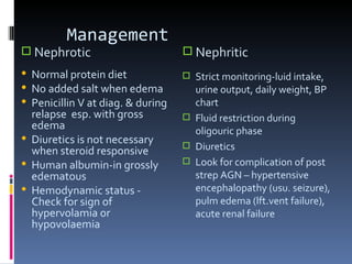 Management Nephrotic  Nephritic  Normal protein diet No added salt when edema Penicillin V at diag. & during relapse  esp. with gross edema Diuretics is not necessary when steroid responsive Human albumin-in grossly edematous Hemodynamic status - Check for sign of hypervolamia or hypovolaemia Strict monitoring-luid intake, urine output, daily weight, BP chart Fluid restriction during oligouric phase Diuretics Look for complication of post strep AGN – hypertensive encephalopathy (usu. seizure), pulm edema (lft.vent failure), acute renal failure 