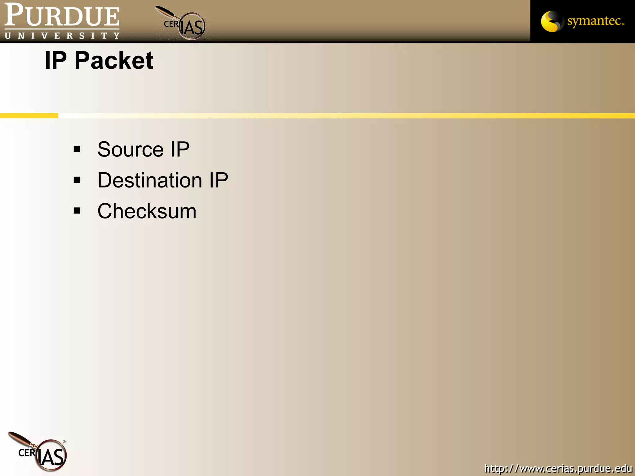 IP Packet Source IP Destination IP Checksum 