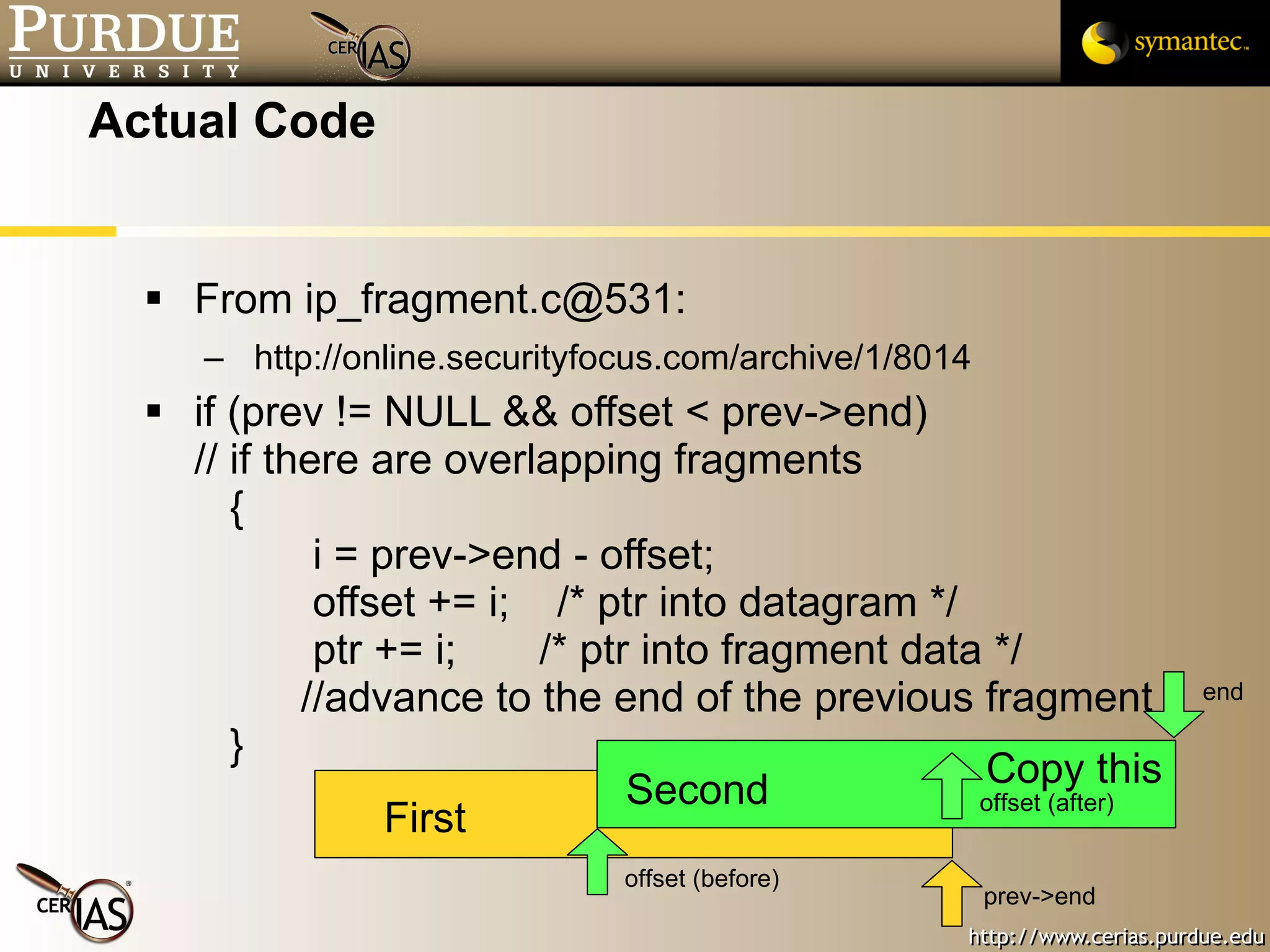 Actual Code From ip_fragment.c@531: http://online.securityfocus.com/archive/1/8014 if (prev != NULL && offset < prev->end) // if there are overlapping fragments   {   i = prev->end - offset;   offset += i;  /* ptr into datagram */   ptr += i;  /* ptr into fragment data */   //advance to the end of the previous fragment   } First Second prev->end offset (before) offset (after) end Copy this 