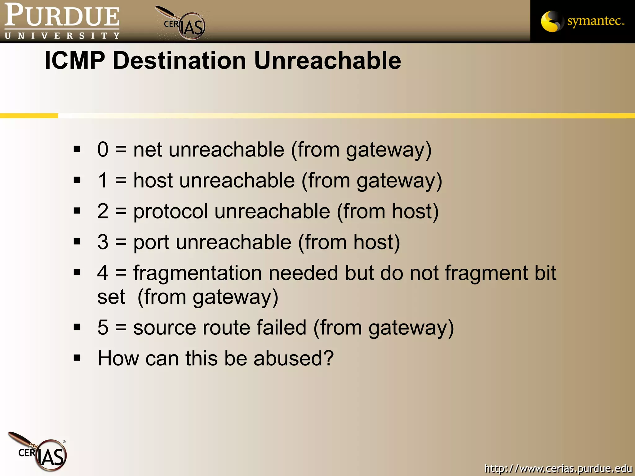 ICMP Destination Unreachable 0 = net unreachable (from gateway) 1 = host unreachable (from gateway) 2 = protocol unreachable (from host) 3 = port unreachable (from host) 4 = fragmentation needed but do not fragment bit set  (from gateway) 5 = source route failed (from gateway) How can this be abused? 