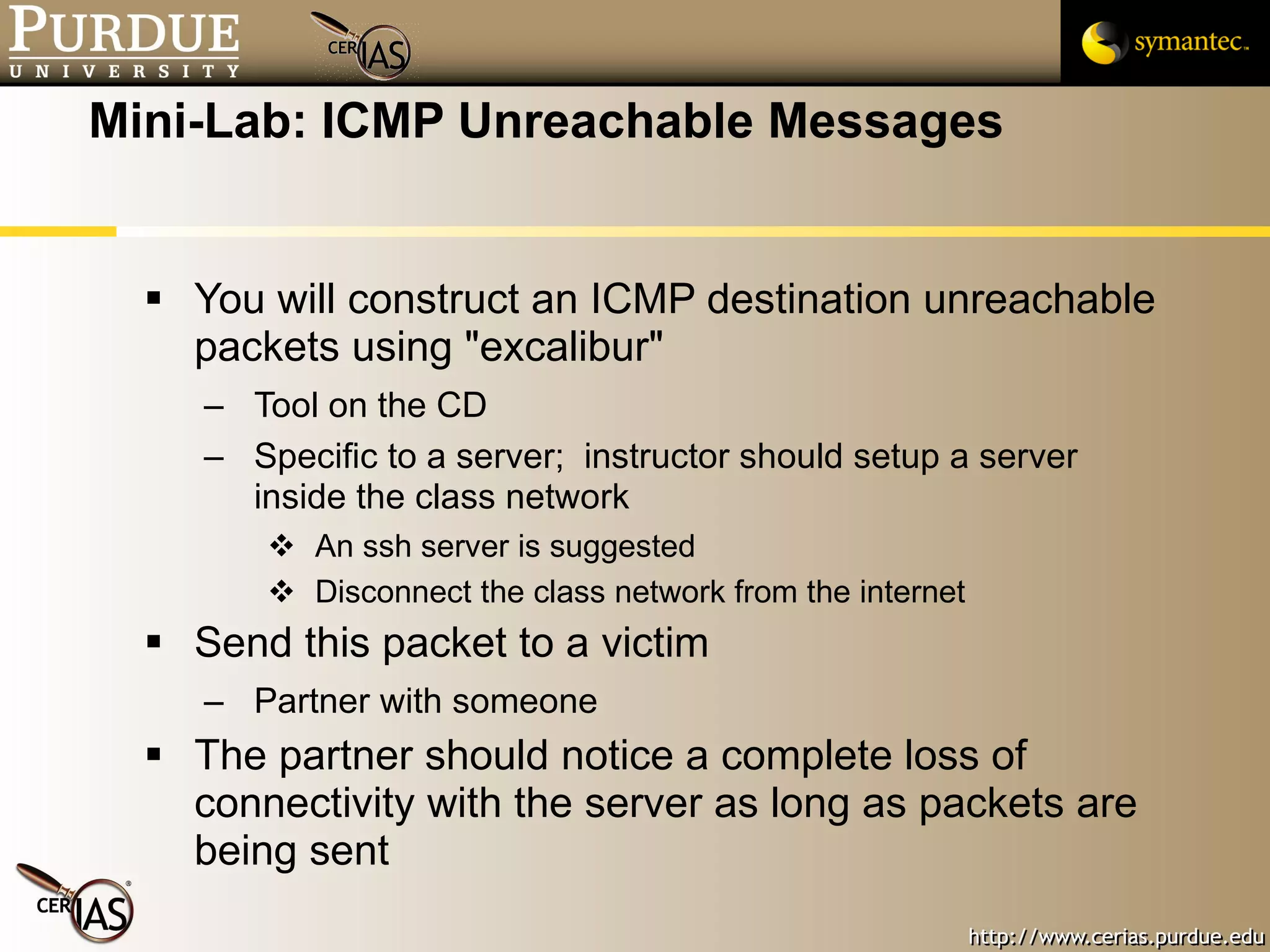 Mini-Lab: ICMP Unreachable Messages You will construct an ICMP destination unreachable packets using "excalibur" Tool on the CD Specific to a server;  instructor should setup a server inside the class network An ssh server is suggested Disconnect the class network from the internet Send this packet to a victim Partner with someone The partner should notice a complete loss of connectivity with the server as long as packets are being sent 