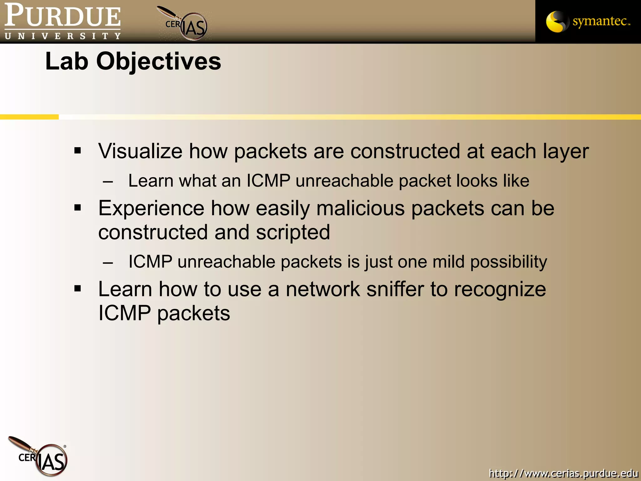 Lab Objectives Visualize how packets are constructed at each layer Learn what an ICMP unreachable packet looks like Experience how easily malicious packets can be constructed and scripted ICMP unreachable packets is just one mild possibility Learn how to use a network sniffer to recognize ICMP packets 