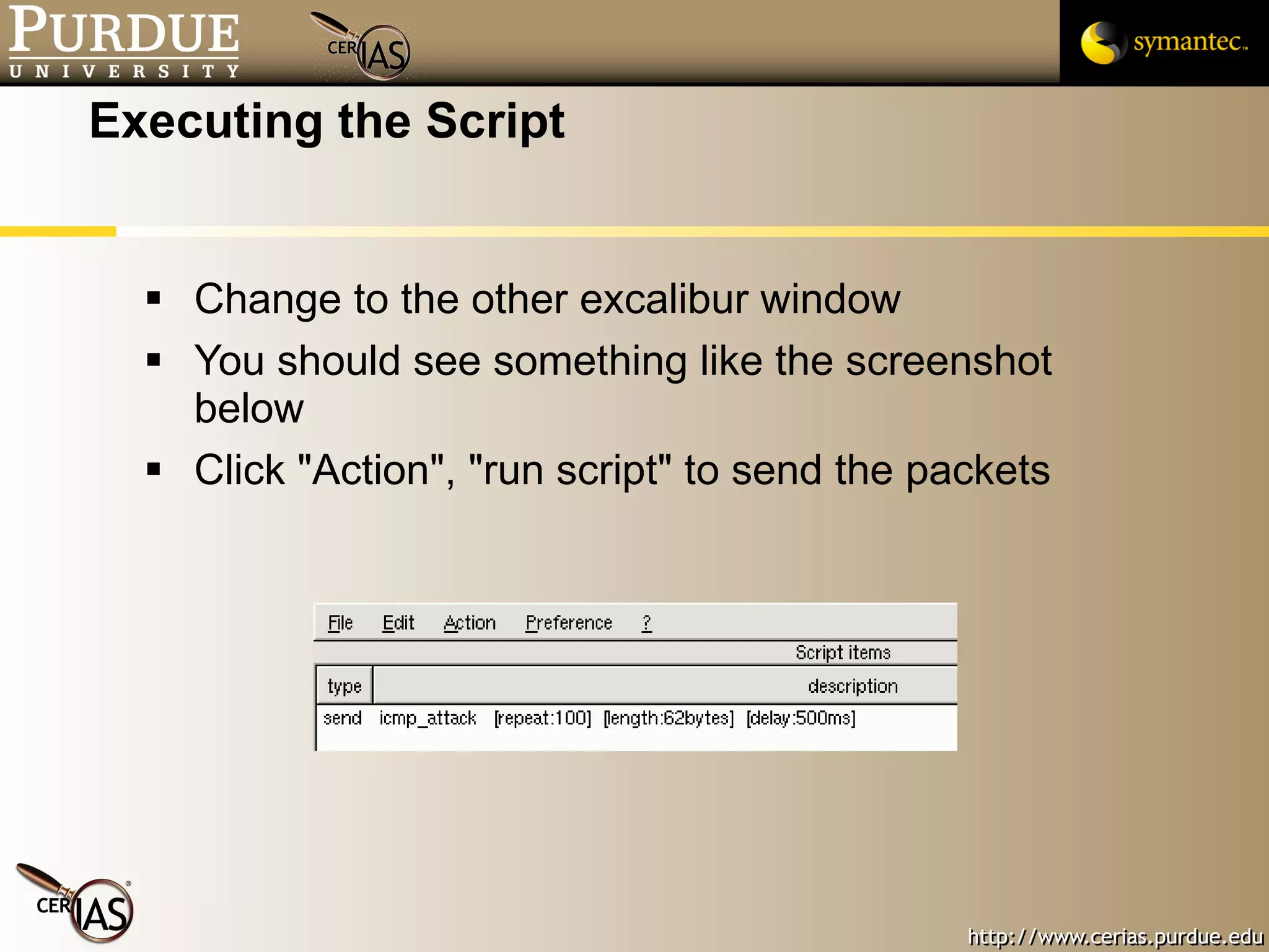 Executing the Script Change to the other excalibur window You should see something like the screenshot below Click "Action", "run script" to send the packets 