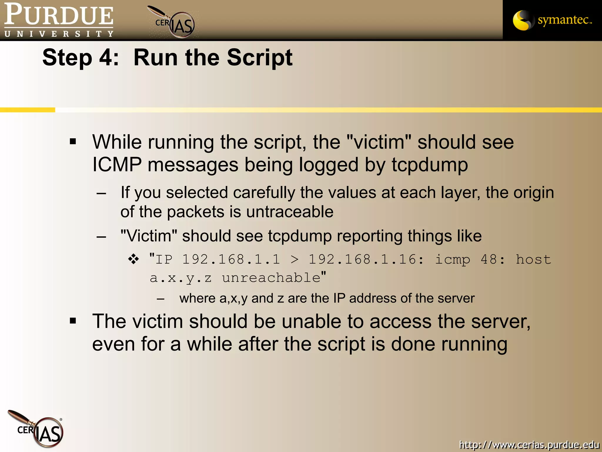 Step 4:  Run the Script While running the script, the "victim" should see ICMP messages being logged by tcpdump If you selected carefully the values at each layer, the origin of the packets is untraceable "Victim" should see tcpdump reporting things like " IP 192.168.1.1 > 192.168.1.16: icmp 48: host a.x.y.z unreachable " where a,x,y and z are the IP address of the server The victim should be unable to access the server, even for a while after the script is done running 