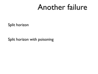 Another failure 
Split horizon 
Split horizon with poisoning 
 