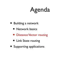 Agenda 
• Building a network 
• Network basics 
• Distance Vector routing 
• Link State routing 
• Supporting applications 
 