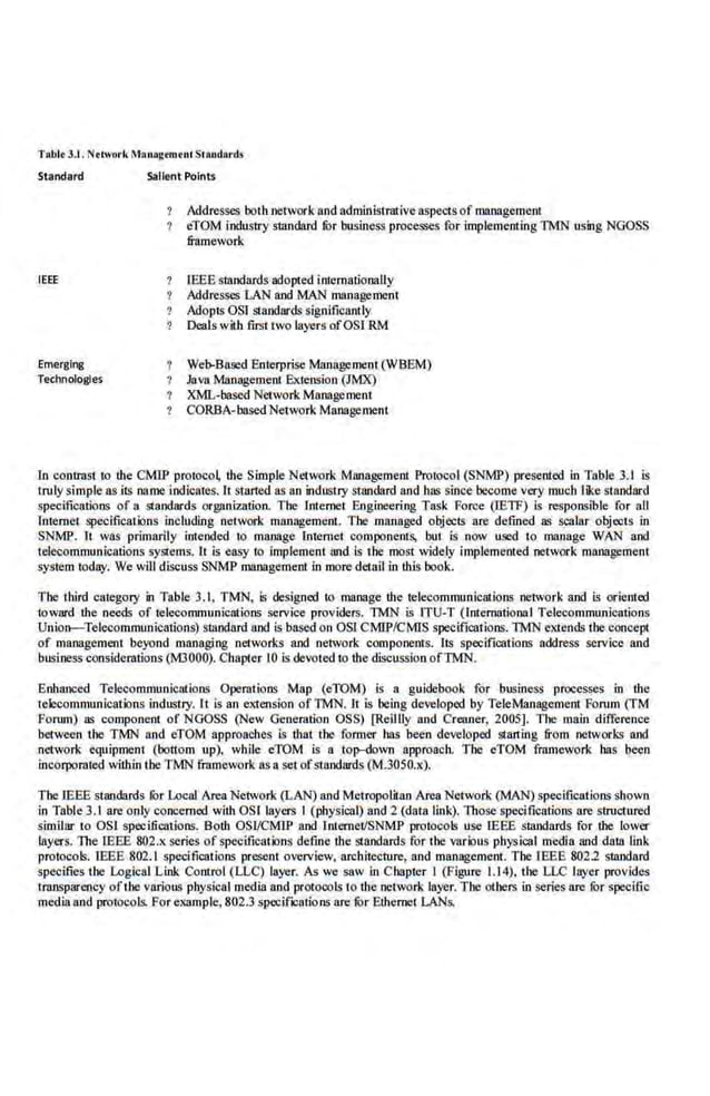 TAble 3.1. Network MAnAgtmtnl Standllrds
Standard
IEEE
Emerging
Technologies
Salient Points
Addresses both netwotk and administrative aspects of management
eTOM industry standard tbr bus.
iness processes for implementing TMN using NGOSS
framework
IEEE standards adopted internationally
Addresses LAN 8J)d MAN management
Adopts OS! standlll'ds significantly
Deals with first two layers ofOSI RM
Wei>-B85Cd.Enterprise Management( WBEM)
Java Management Extension QMX)
XML-based Network Managemeor·
CORBA- based Nelwork Management
ln contrast to the CMIP protoco~ the Simple Network Management Protocol (SNMP) presented in Table 3.1 is
truly simple as its name indicates. 11 started as ao industry standard and has since become very much like standard
specifications of a standards organization. The lnten~et Eng.
ineeriog Task Force (lETF) is responsible for all
Internet specificatiQns including network management. The managed objects are defined as scalar objoots in
SNMP. It was primarily intended to manage Internet components, but is now used to manage WAN and
telecommunications sySiems, It is easy to implement !!lid is the most widely implemented network management
system today. We will discuss SNMP management in more detail in this book.
The third category in Table 3. I, TMN, is designed to manage the telecommunications network and is oriented
ioward the need;; of telecommunications service providers. TMN is ITU-T (International Telecommunications
U nion-Telecommunications) stllndard and is based on OSI CMIP/CMIS specifications. lMN extends tbc concept
of management beyond managing nctwor.ks and network components. Its specifications address se.rv.icc and
business considerations (M3000). Chapter JO is devoted to the discussion ofTMN.
Erihaoced Telecommunications Operations Map (eTOM) is a guidebook for business processes in the
telecommunications industry. lt is an extension ofTMN. It is being developed by TeleManagement Forum (TM
Forum) as component of NGOSS (New Generation OSS) [Reil U
y and Creaner, 2005]. The main difference
between the TMN and eTOM approaches is that the fonncr has been developed starting from networks and
network equipment (bottom up), while eTOM is a top-down approach. The eTOM framework has been
incorporated within tbe TMN tramework as a set ofstandards (M.3050.lC).
Tbe IEEE sUUJdards for Local Area Network (LAN) and Metropolitan AreaNetwork (MAN) specifications shown
in Table 3.1are only conoemed with OS! layers I (physical) and 2 (data link). Those speciJications ore structured
s im!l.ar 1'0 OSI specifications. Botb OSI/CMIP and [ntOOJet/SNMP protocols use IEEE standards for the lower
layers. 1l1e lEEE 802.l( series of specifications define the standards for the various physical media and data link
protocols. lEEE 802. I specifications present overview, architecture, and management. The IEEE 802.2 standard
specifies the Logical Link Control (LLC) layer. As we saw in Chapter I (Figure 1.14), the LLC layer provides
tnulSparwcy offbe various physical media and protocols to the network layer. Tbe others in series arc tor specific
mediaand protocols. For el(Sffiple, 802.3 specif'JCations are fur Ethen~et LANs.
 