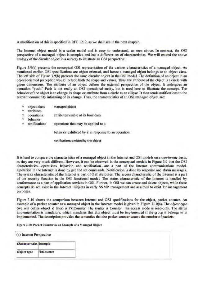 Amodification ofthis is specified in RFC 1212, as we shall see in the next chapter.
The Internet object model is a scalar model and is easy to understand, as seen above. In comrast, the OSl
perspective of a managed object is complell and bas a different set of characteristics. We will extend the above
aonlogy ofthecircular objed in a nursery to illustrnte an OS! persp«tive.
Figure 3.9(b) presents the conceptual OSI representation of the various characteristics of a managed object. As
mentioned earlier. OSl specifications are object oriented, and hence a managed object belongs to an object class.
The left side of Figure 3.9(b) presents the same circular object in the OSl model. The definition of an object in an
object-oriented perception would include both the shape and values. Thus, the attribute ofthe object is ac ircle with
given dimensions. The attribute of an object defines the extemal perspective of the object. It undergoes an
operation "push." Push is not really an OSI operational entity, but is used be.re· to illustrate tbe concept. The
behavior oftl~e object is to change its shape or attribute from a circle to an ellipse. It then sends notifications to the
relevant community lnfurming ofits change. Thus, the characteristics ofan OSI managed object are:
object class
attributes
operations
behavior
·notifications
managed object
attributesvisible nt its boundary
operations that may be applied to it
behavior exhibited by it in response to an operation
notifications emitted by the·object
It is bard to compare the characteristics of a mru18ged object in the Internet and OSI models on a one-to-one bas.is,
as tbey are very much different. However. it can be observed in the conceptual models in Figure 3.9 that the OS!
characteristics-operations, behavior, and notification--are a part of the Internet co0110unications model.
Operation in tbe Internet is done by gel and sct commw1ds. Notification is done by respon.o;e and alarm messages.
The syntax characteristic ofLhe Internet is part ofOSI attributes. Tbe access characteristic ofLhe Internet is a part
of the security function in the OSI functional model The stntus characteristic of the lntemet is handled by
conformance as a part ofapplication services in OSI. Further, in OSI we can create and delete objects, while these
concepts do not exist in the Internet. Objects in early SNMP management are aSSUmed to exist for management
purposes.
Figure 3.10 shows the comparison between Internet and OSJ specifications fur tbe object, packet counter. An
example ofa pack·et counter as a managed object in the Internet model Is given in Figure 3.10(a). The object t;.pe
(we will define object id later) is PktCounter. l11e syntax is Counte.
r. Tbe access mode is read-only. The status
implementation is mandatory, which mandates that this obj~ must be implemented if the group it belongs to is
implemented. The description provides the semantics !bat the packet counter counts tbe number ofpackets.
filgun 3.10. P111:ktl Couulor as Au Exalllt>tt oro M•oaj<d Objtct
(a) Internet Perspective
Characterlstks Example
Objecttype PktCounter
 