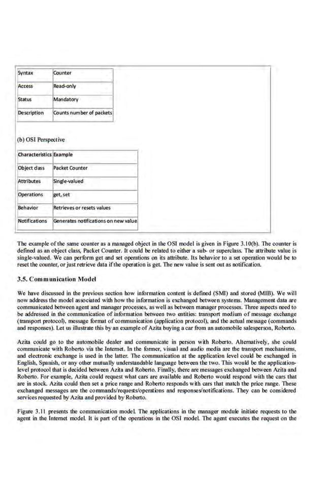 ~yntax P>unter
f'ccess Read-only
~tatus Mandatory
Description P,unts numberof packets
(b) OSl Perspective
haract.erlstics Example
pbject dass Packet Counter
f'ttrlbutes ~h'lgle-valued
pperatlons ~et,set
Behavior Retrieves or resets values
Notifications ~erates notifications on newvalue
Too example ofthe same counter as a managed object in the OSJ model is given In Figure 3.1O(b). The counter is
defined as an object class, Packet Counter. Itcould be related to either a sui> or superclass. The attribute value is
single-valued. We can perfOrm get and set operatiolls on its attribute. Its behavior to a se1 ope~:~~tion would be to
reset the counter, orjust retrieve data ifthe operation is get. llte new value is sent out as notificlllion.
3.5. Communication M'odcl
We have discussed in the previous section how infOrmation conient is defined (SMI) and stored (MIB). We will
now address the model associated with how the information is el(changed between systems. Management data arc
communicated between agent and manager processes, aswell as between manager processes. Three a~pect.~ need to
be addressed in the communication of infOrmation between t.wo entities: Lrnnsport medium of message exchange
(transpon protocol), message rormat ofcommunication (application protocol), and the actual message (commands
and responses). Let us illustrate tbis by an C)(SmpleofAzita buying acar from an automobile salesperson, Roberto.
AziLS could go l'O the automobile dealer and communicate in person 1vith Roberto. Alternatively, she could
communicate with Robeno via the Internet. ln the lbrmer, visual and audio media are tbe transport mechanisms,
and clectron:ic exchange is used in the latter. The communication at the appl.ication level could. be exchanged in
English, Spanish, or any other mutually understandable lnnguage between tbe two. This would be the application-
levetprotocol that is decided between Azita and Roberto. Finally, there are messages exchanged between Azila and
Roberto. Por example, Azif;l could request what cars are available and Roberto would respond wiih the cars that
are in stock. Azita could then set a price range and Roberto responds with cars that match the price range. These
exchanged messages are the commands/requests/operations and rcsponseslnotitications. Tbey can be considered
services requested by Azita and provided by Roberto.
.Figure 3.11 presents the communication model The applications in the manager module initiate requests to tbe
agent in the lnt.emet model. It is pan ofthe operations in the OSI model. The agent executes the request on the
 