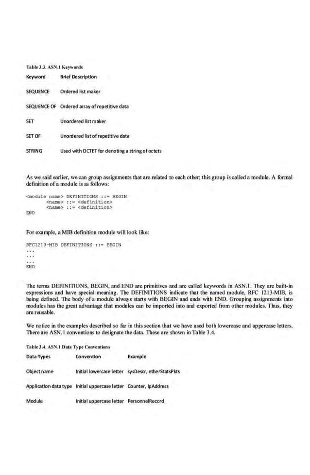 TabltJ.J. ASN.I Keywords
Keyword Brief Description
SEQUENCE Ordered list maker
SEQUENCE OF Ordered arrayofrepetltivediJta
SET Unordered list maker
SET OF Unordered listof repetitive data
STRING Used wit h OCTET for denotlne a stringofoctets
As we said earlier, wecan group assignments thatare related to each other; this group iscalled a module. A funnnl
definition ofa module is as follows:
<mo~>le name> DEFINITIONS :: • BEGIN
<name> :: ~ <definition>
<name> : :• <defini lion>
END
For example, a MID definition module will look like:
RFC1213-MIB DEFINITIONS : :• BEGIN
END
The terms DEFINITIONS, BEGIN, and END arc primitives and are called keywords in ASN. I. They are built-in
expressions and have special meaning. The DEFINITIONS indicate that the named module, RFC 1213-MID, is
being defined. The body ofa module ahvays slarts with BEGIN and ends wiih END. Grouping assignmenrs Into
modules has the greal advantage that modules can be imponed into and exponed from other modules. Thus, they
are reusable.
We notice In the examples described SQ far in this section that we have used both lowercase and uppercase letters.
There are ASN.I conventions to designllle the data. These are shown in Table 3.4.
Tabld.4. ASN.II>ula Trr>< Convtonkons
Data Types Convention E>eample
Object name Initial lowercase letter sysOescr, ethe.rStatspkts
Applicat ion data type Initial uppercase letter Counter. lpAddress
Module Initial uppercase·tett.er PersonneiRecord
 
