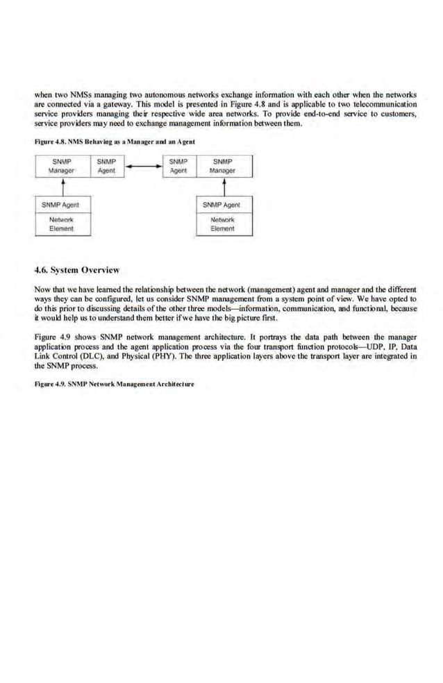 when two NMSs managing two autonomous networks exchange information with each other when the networks
are connected via a.gateway. This model is presented i.o Figure 4.8 and is appllcable to tO relecommunicc8lioo
service providers managing ·their respective wide area networks. To provide end-to-end service to customers,
service providers may n.eed to exchange mnnage.ment information between them.
Flgurt 4.8. NMS BehO•htg II! • M•n•e•r ond •n Agent
SNMP SN
M
P
I· ·ISNMP SNMP
Man..ger ~ Agent Manager
t t
SNMPAgent SNMPAgeol
Network NeiMtrk
Element Element
4.6. System 0 •ervicw
Now that we have learned the re.lafunsbip between tbe network (management) agentand manager and the different
ways they can be configured, let us consider SNMP management from a system poior of view. We have opted to
do this prior to discussing detail~ ofthe other three model'f--information, communicarjon, and functional, because
it wouk! help us to understand them better ifwe have the big picture first.
Figure 4.9 shows SNMP network management architecture. It portrays the data path between "the manager
application process and the agent application process via the four tmnsport function protocols-UDP, IP, Data
Link Control (DLC), and Physical (PHY). The three application layers above the transport Ioyer are integrated in
the SNMP process.
Figurr 4.9. SNMP Network Mllu~tgementArchitrctnre
 