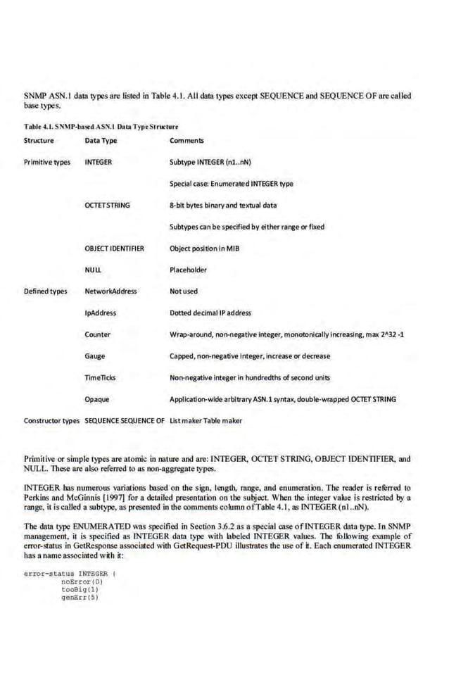 SNMI' ASN.I dalll types are listed in Table 4.1. All data types except SEQUENCE and SEQUENCE OF are called
base types.
Table 4.1. SN~fP-bostdASN.I OalllTyflt Siructurt
Strutture Dat~Type· Comments
Primitive types INTEGER Subtype INTEGER (nl..nN)
Special case: Enumerated INTEGER type
OCTETSTRING 8-blt bytes blnaryand teXUal data
Subtypes can be specified by either range orflxed
OBJECT IDENTIFIER 0bject position In MIB
NUll Placeholder
Definedtypes NetworkAddress Notused
IpAddress Dotted declmaiiPaddress
Counter Wrap-around, non-negative integer, monotonically Increasing, max 2'.32 -1
Gauge Capped, non-negative Integer, Increase or decrease
nmelrcks Non-negative lntej!er In hundredths ofsecond units
Opaque Application-wide arbitrary ASN.lsyntax, double-wrapped OCTET STRING
Constructor types SEQUENCE SEQUENCE OF listmakerTable maker
Primitive or simple types are atomic in nature and are: INTEGER, OCTET STRING, OBJECT IDENTIFIER, and
NULL. 11teseare also referred to as oon-aggregate types.
.INTEGER has numerous variations based on the sign, length, range. and enumeration. Tbe reader is rererred to
Perkins and McGinnis [1997) for a delllil.ed presentation on tbe subject. Wben the integer value is restricted by a
range, it iscalled a subtype, as presented in the comments colum.n ofTable 4.1, as INTEGER(nl ..nN).
The data type ENUMERATED was specified in Section 3.6.2 as a special case ofiNTEGER data type. [n SNMP
management, it is specified as INTEGER data type with bbeled INTEGER values. The fOllowing elmlllple of
error-status in GetResponse associated wilb GetRequest-PDU illustrates the use of it. Each enumerated INTEGER
has a nameassociated W
"
ith it:
error- status LNT~GER
noError{O)
tooBig{l )
genErr {S)
 