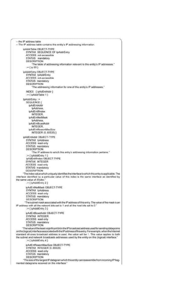 - lhEIP-Iable
- Tht IPodole5S ""*"""""""'1h6ent<y'$ f' od.l""""'19 onlonrotJon
'I>Add<Tiilll<! 01!./ECT-lYPE
SYNW< SEOliENCEOf li>lddr&try
.ACCESS 1101---
STATUS onandal""f
llE~tPllON
1"he ableorad:lres$irlg llllor!r,al#lreeanlto d1G..~. ll' aotte5SK-
=-I'P20J
ioM<lre•ttv OBJB;f-1YPI:
SYNW<~r1
ACCJiSSooO--
STATUS '""rmtc<y
IIESCRJP110N
'Theaddre5S01QintannatJ:IO 10'oneoith>i em!(•£
P acilresses_•
INOE;( (~rl
~t !llAd<lrTablo 11
I!IAdOrt:nuy ~
s:EOUENCE{
tpAdErAAddr
lpAdct.....
q,AdEnlllfld..
IHTEGER
ic>A:jEntJ;etl.bll(
lj>Add<e$$
loA:IEndlc:astAOclr
IHTEGER
!pAdEntlleo._'nMn<Strlo
1Ni£GER Q .65535))
!PMEnVocldt 08JECT•lYPE
SYNTM I:>Ad<tes
ACCESS O!lldo<ri{
STATUS ...ancUICtV
OE~JPllON
"Til<! P -•..•to......,lhl~ <~~IIY·• OCI4._kl0 iiiiOfmabOn-ns •
~ ( opAddlellll'fl I
lpii<IE;ntlrlrclox OBJECTlYPii
SYNTAX INTEGER
IICCOS I'Ndenly
STATUS~
QCI)CRJMlOH
"Thtinduv~wtldlllllq,.iyldtnlifleslhellltetiacell>whi<II0.4tllllylf~ The
- - od<tntll«< lly e ~· - ol f>••-.• _,. u- ..._,._ •• <~<>•t•lfed by
1he- •otuoo1 ftAidl1' •
•(lfAd<llfnll) 21
II:AdEniNtl- OIIJECT-TYPE
SVNTIVC~
IICC€SS -~
STATUSro~
Ol'SCRIPlJON
"1114ts.bnet~ilssCcle1edw.Ot11>eIPllddreaollh'$en~~y Tl'evollleoCillemi)$Jtia""
tP: ~wrM- alCDe MlWOtti; bb_&elto 1 Mel ar tho~~ Wk '13 toO •
"""# (~11)31
IP"><<Et>lllcasiM:It OB.IECT
·TYPE
SVNTIVC I'ITEGER
ACCfSS ..ad-'Y
STATUS mat!d•IOIY
!!ES'cRiPllON
·~oflleieast·59>ifcoontbillnlhEIP-ilddressusedfo<oendn9daawems
oothB(~flletfacea<SQCiJiadwilhll"eiPaddressofflcsetrtry Forexsmpl!!,..,.nlhelnlatnel
01llnlard •1-oneo ~ add..,.. is'"""' lhE v<ll<., w1 be 1 lha valle """""' 10 l:ofl>
lheSJbne!Jand- t><oad:asaadd:e$ses used by11>eentliVon fills (ICgieaD InterlaCe·
~ I Or.Add!Etnry <4 I
fJ;Ac!EniRaosmNaxSlreOBJECr.NPE
SVHlM l'fl'E.GER tO.65:»5}
ACCESS --only
SlA1US~
OES<:RIPllON
'ThemtollhtlmgestiPdalilv<ill'IIWhdtlhitot>lolfc:anre~from"''''"""~IP(qg.
meritod dolliQr.ltns-., lhillll~·
 