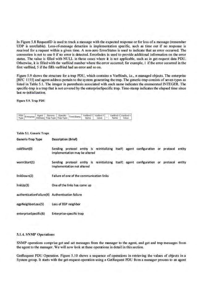 1n Pigure 5.8 RequestiD is used to track a message with the eoxpected response or for loss ofa message (remember
UDP 6 unreliable). Loss-of-message detection is implementat'ion specific, such as t·ime out if no response is
reoeived for a request within a given time.. A non-:a:ro ErrorSiatus is used to indicate tbat an error occurred. 1lte
convention is not to use 0 if no error is detected. Errorlndex is used to provide additional information on tbe error
status. The value is filled with NULL in those cases whe.
re il is not applicable, such as in get-request data PDU.
Otherwise, il is filled viLh the varBind numbenvhere the error occurred; for example, I ifihe error occurred in the
first varBind, 5 ifthe fifth varBiod bad an error-and so on.
Figure 5.9 shows lbe strueutre fOr a trap PDU. which contains n VarBinds, i.e., n managed objects. The enterprise
[RFC 1155] and agent-address pertain to the system generating the Lrnp. Tile generic-trap consists ofseven types as
listed in Table 5. L Tile integer in parenthesis associated with each name indicates tile enumerated JNTEGER. Tile
specific-trap is a trap that is not covered by the enterpri.seSpeoific trap. Time-stamp indicates the elapsed time sin.ce
last re-initialimtion.
Fi~urt ~.9. Trftt> PDll
T•blt S.t. Cmtri< Trops
Generic-Trap Type
coldStart(O)
warmStart(l)
Hn~Down(2)
llnkUp(3)
Desaiption (Brief)
Serldlng protocol entity Is relnltlaii~ing Itself; agent configuration or protocol entity
Implementation mav be altered
Sending protocol entity is relnitlaltzfng Itself; aget~t conflguratlon or protocol entlty
Implementation not altered
Failure ofone of the·cornmunlcatlon llnl!:s
One ofthe links has come up
authentfcatfonFallure(4) Authet~tlcatlon failure
egpNelghborloss(S) loss of EGP neighbor
enterpriseSpedflc(6) Enterprise-specific trap
S..lA. SNMP Operations
SNMP operations comprise get and set messages from tbe manager to the agent. and get and trap messages from
the agent t·o the manager. We will now look at these operatio.os in detail in thissection.
GetRequest PDU Operation. Figure 5.10 shows a sequence <Jfoperations in retri.eving the values of objects in a
System group. It stans with tbe get-request opellllion using a GetRequest PDU from a.manager process to an agen1
 