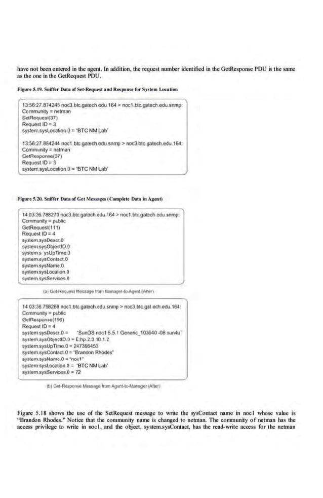 have not been entered in lhe agent.lo addition, lhe request number identified in lhe GetResponse PDU is the same
as lhe one in lhe GetRequcst PDU.
Flgul'f 5.19. Sniffer DAta ofStt·Rtque-st.and Responsr for Sy.sttm Loc:Atinn
13:56~7.874245 noo3.tliC.gatoeh.e<lu 164 > noc1 txc.gatech.edu.snmp:
Commuroity= netmaro
SetHoq...,.,t(37)
Request tO=3
system.s)'Slocation.Oe 'BTCNM Lab'
13.56:27.884244 noc:1.btc.gatocl't.edu.anmp > noc3.btc.galech.edu.164'
C<lmmuntry =netman
GetRe:sponse(37)
Request 10 = 3
systemsyslocation.O" "BTC NM Lab'
Flaure 5.20. Snlffu 01
11• of Grt Mrssag.. (Com1>lrtr O.ca In A~tnl)
14 03:l6.71l8270 n()(3.btc.gatocn.O<fu 164 >00(1.btc.goll)Ch.e<tu 5nmp:
Canmunny ., pl.<blio
Ge1Request(111)
Request LD =4
sy>temsysOescr.O
system.sysObjetUD.O
systems ysUpllnie.D
system$ysContoct.O
system.sysName.O
system.syslocallon.O
system.sysServi:!"'.O
14 03:36.798269 noo1.bte.gate<:h.odu,,nmp > noe3 ~lc.got och 0<11.164
Community=public
GeiRO>Jil011>0( 196)
Reques110=4
syJtcrru;ysl)i!w.O " ·sunOS noel 5.5.1 Ge~oric_103840 .{)8 Wl'l'W.
")'Jicn"•ysObJo~tiD.O • E:hp.2.3.10 1.2
systemsysUpnme.O" 24'7:.95453
sysacrnsysContac:l.O =' Brandon Rhodes·
sy.a.l.oem..~ysNnma.O • "noo1"
sysaem.syslocation.o ="BTC NMLab·
syl(em.sysServices.O =72
Figure ·s.18 shows ihe ~of the SetRequeS1 message lo write lhe sysContact name in noe l whose value is
"Brandon Rhodes.'' Notice lhat the communil)l name is changed to netman. The community ofoetman has lhe
access privilege to write in nocI. and the objrot, system.sysConta.ct, hos the read-write access for the netman
 