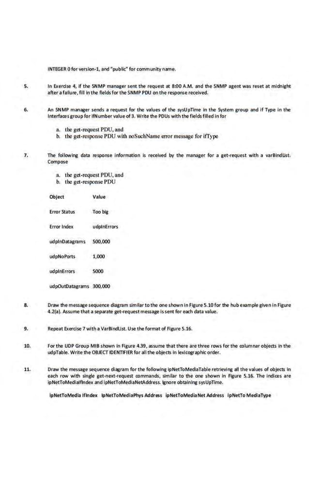 INTEGER 0 for version-1, and "public" for community name.
5. In Exerctse 4, If tile SNMP manager sent tile request at 8110 A.M. -and the SNMP agent was reset at mldnlgnt
after afaflure, fill in tile fields for tile SNMP PDU on the response received.
6. An SNMP manager sends a request for tne values of tile sysUpnme In the System group and If Type in tile
Interfacesgroup for lfNumbervalue of3. Wrtte lhe POUs with tile fields filled In for
a. the get-reques1 PDU, and
b. the get-response PDU wilh ooSuciNameerror message for ifrypc
7. Tile following data response Information is received by tile manager lor a get-request with a varBindUst.
Compose
a. !he get-request PDU, and
b. the get-response PDU
Objeet Value
Error Status Too big
Error lnc!ex udplnErrors
udplnDatagrams 500,000
udpNoPorts 1,000
udplnErrors 5000
udpOutDatagrams 300,000
8. Draw lhe message sequence diagram si.mllar to the one shown in Figure5.10for the hub example given in Figure
4.2(a). Assume tnat aseparate get-request message issent for each data value.
9. Repeat Exerdse 7 with aVarBfndUst. Use thefor~t of Figure 5.16.
10. For tile UDP Group MIB shown in Figure 439, assume 1hattilere are three rows for tile columnar objects In tile
udpTable. Write the OBJECT IDENTIFIER for all the objects In lexicographic o'der.
11. Draw tile message sequence diagram for the following lpNetToMedlaTable retrieving -all the values of objects In
each row with Single get-ne>rt·request commands, similar to lhe one shown In Figure 5.16. The Indices are
lpNetToMedlalflndex and ipNetToMedlaNetAddress.lgnore obtaining sysUpnrne.
lpNetToMedla lflndex lpNetToMedlaPhys Address lpNetToMedlaNet Address lpNetTo MedlaType
 