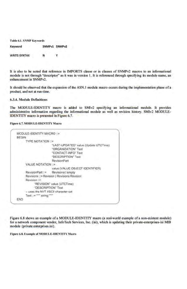 TAble 6.1. SN~1P Ktywurds
Keyword SNMPvl SNMPv2
WRITE-SYNTAX N y
It is also to be noted that rerenmce in lMPORTS clause or in clauses of SNMPv2 macros to an io.formntiooal
module is not through "descriptDr" as it was in version I. It is referenced through specifying it:s module name, an
enhancement in SNMPv2.
It should be observed that the expansion ofthe ASN.I module ma.cro occurs during the implementation pha.se of a
product, and oot at run-time.
6.3.4. Module Definitions
The MODULE-IDENTITY macro is added to SMlv2 specifying an infurmational module. 1:1 provides
administrative infurmation re£11rding the informational module as weU as revision history. SMiv2 MODULE-
fDENTITY macro is presented in Figure 6.7.
F·lgurt.6.7. MOOUL£.1DENTITY Marro
MOOULE·IOENTll'( MACRO ::=
BEGIN
END
l'(PE NOTATION ::=
•LAST.UPOATED' Vdl~" (Upo!dtu UTCTinMI)
"ORGANIZAllON" Text
"CONTACT-INFO' Text
"OESCRIPTlON' T"'"
ReviSIOnPart
VALUE NOTATION :::
valUEt(VALUEOBJECT IDENTIF1ER)
Rev~Part ::= Revisions I!!J11ply
Revi$l00$ ::::Revision 1Revls!Oos Rllll>slo~
Revidon :::
"REVISIOW value lUTCTome)
"DESCRIPTION" Text
- u£6 '"" NVT ASCII ehor.>e~er sal
Text ·:=- s'ling-
Figure 6.8 shows an example ofa MODULE-IDENTITY macro (a real-world example ofa oo~rex.isrenl module)
for a network component vendor, lnfoTech Services. l.oc. (isi), which is updating their privat.e-coterprises-is.i MlB
module {privute.enterprises.isi}.
Flgurt 6.8. EXAn>l>lt orMODULE-IDENTITY Macro
 