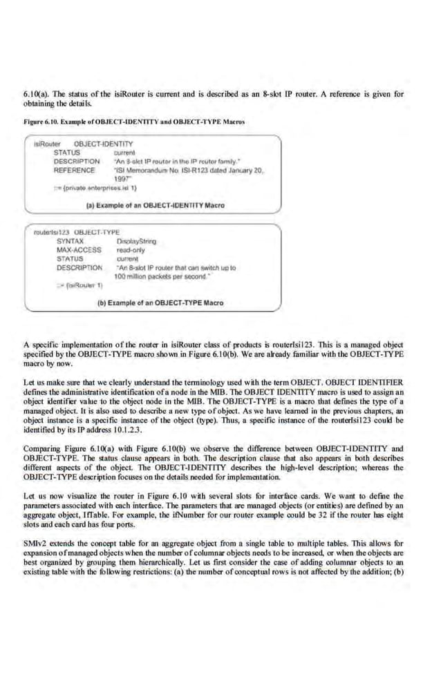 6.LO(a). The· status of the ~iRouter is current iUJd is described as an 8-slot 1P router. A reference is given for
obtaining Lhe details.
Flgut•t 6.10. Exomplt ofOB.TECf-fOENTITY m
nd OB.ll!:cr-TYI'E Ma<t'O<
IS!Router OBJECT-IDENTITY
S'TATUS turftnt
OESCRIPl'lON 'An 8-ol<lt IF> tO<.Otor 10tho 1P rc.JIOf r..mly •
ERENCE 'lSI l.'.oiTI0<1lnd<lm No lSI R123 dalod Ja.,...,ry 20,
1997"
~to t<~to'J)ricu tsl 1)
(a) Elc3mplo ol an OBJECT·IDENTITY Macro
routO!ISil23 OBJECT·TYPE
SYNTAX On:olaySrnro
MAX·ACCESS teacl-orly
STATUS CUmlnl
DESCRIPTIO" ·An 8-<slot IP rouor !hat can switCh upto
100million pild<ets per second •
... fllltRoul<rt ,,
(b) Example of an OBJECT-TYPE Maao
A specific implementation of the router in L~iRouter clllss of products is routerls'i123. This Is a managed object
specified by rhe OBJECT-1YPE macro shown in Figure 6.10(b). We are already familiar with the OBJECT-TYPE
macro by now.
Let us make sure that we clenrly understand the terminology used with the term OBJECT. OBJECT IDENTIFIER
defines the adminislrnlive idemification ofa node in the MIB. The OBJECT IDENTITY macro Is used to assign no
object identifrer value io the object node in the MIB. The OBJECT-TYPE is a macro that defines the type of a
managed object It is al~ used to de$CI'ibe a new type ofobject. As we have learned in the previous chapters, an
object instance is a specific instance of the object (type). Thus, a specific instance of the routerfsi 123 could be
identified by its 1P address I0.1.2.3.
Comparing Figure 6.10(a) with Figure 6.10(b) we observe the difference between OBJECT-rDENTlTY and
OBJECT-TYPE. The status clause appears In both. The dc.scrlpilon clause that also appears In both describes
different aspect~ of 'the object. The OBJECT-rDENT!TY describes the high-level description; whereas the
OBJECT-TYPE description focuses on the details needed for implementation.
Let us now visualize t.he router in Figure 6.10 with several sloLS lbr ioterfuce cards. We wan[ 10 detioe the
parameters associated with each interfuce.. The parameters that are managed objects (or entities) are defined by an
aggregate object, IITable. For example, the i.INumber for our router e.xarnple amid be 32 if the router has eight
slots and each card has four ports.
SMJv2 extends the concept table for an aggregate object from a single table to mnltiple tables. This allows fi)r
expansion ofmanaged objects when the number ofcolumnar objects needs to be increased, or when the objects are
best organized by grouping them blerarohically. Let us first cortslder the case of adding columnar objects to an
existing table with ihe 10Ilowing restrictions: (a) the number ofconceptual rows is not affected by the addition; (b)
 