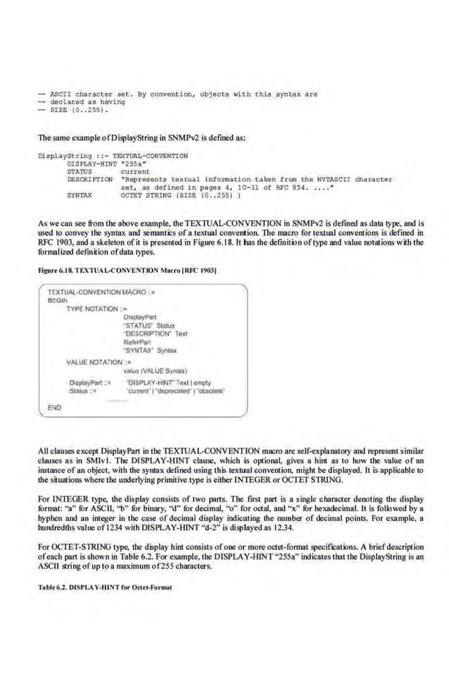 ASCII charact er set. By convention, obj ect s with this syntax are
declared as 1a.vinq
SIZE /0 •• 255) .
Thesame example ofDisplayStriog in SNMPY2 is defined as:
DisplaySt r.ing : : • TEXTIJAL-<:ONVENTION
DISPLAY- HINT " 255a ''
STATUS current
DESCRl~ICN "Represents textual information taken from tile· NVTASCII character
set, as defined in pages o, 10- 11 of RFC 854..••.•
SYNTAX OCTET STRING (SIZE (0 •• 255) )
As wecan see from the above example, theTEXTIJAL-CONVENTION in SNMPv2 is defined as data type, and is
used to convey the S)ntax nod semantics of a textual convention. The macro for textual conventions is defined in
RFC 1903, and a skeleton ofit is presented in Figure 6.18. It has the definition of type aod value notal'ions wilh the
furmalized definition ofdam typeJ>.
Fll(ure6.18. TEXTIJAL-CONVENTION Motl'o)RFC 1.903)
TEXTIJAL.CONVENllONtAACRO -•
8EGIN
END
TYPE NOTATDN _;
o.spayP<llt
"STATUS" Slalus
1:1£SCRPTION" TO:ld
R4t.~Pan
'SYIITAX' S)ni3X
VALUE NOTATION .•
vlllua (VALUESyn>.a•}
O:sptayPan ,.. 't>lSPU.Y·HNrText Iempty
Sla~s ::; 'W'Jent'l'doprea!BII'I'ollsolele'
All clauses except DisplayPort in the tEXTIJAL-CONVENT10N macro are self-explanatory and represent similar
clauses as in SMJvl. The DISPLAY-HlNT clause, wbicb is optional, gives a hint as to how the va.lue of an
instance ofan object, with the syntax defined using this tel'ttlal convention, might be displayed. It is applicable to
U1e situations where1he underlying primitive type is either INTEGER or OCTET STRING.
For INTEGER type, the display consists of two parts. The first part is a single character denot'ing the display
format: "a" for ASCU, "b'' !Or binary, "d" !Or decimal, "o" for ootaJ, and "x" !Or hexadecimal. It is followed by a
hyphen and an integer in the case of decimal display indicating the number of decimal points. For example, a
hundredths value of1234 with DISPLAY-ffiNT "d-2" is displayed as 12.34.
For OCTET-STRING lype, the display hint consists ofone or more octet-follllllt specifiCations. A briefdescription
ofeach part is shown in Table 6.2. For example, the DISPLAY-HINT "255a" indicates tbat the Displa.yStriog is an
ASCIJ siring ofup to a maximum of255 characters.
T11bl•6.l. DISPLAY-HINT for Octet-FbriWll
 
