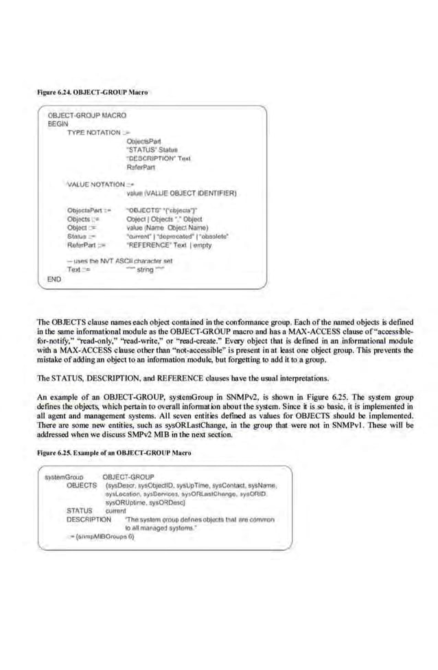 Fi~urt 6.24. OBJECT-GROUP Matru
OB.JECT·GROUP NACRO
BEGIN
END
TYPE I'DTAnON ~~
OotoctsPan
'STAlJS"Status
"tlC:SCRIF>TION' Ta•t
Rll!erf'olft
VALUE NOTATION . •
Objo<:bl'~trt :;-
ObjeCis :
Objee~ ·~
StDM> -
Re!erf'an ==
v;tlt.IO tvAWE OBJECT IDENTIFIER)
·oGJC:CTS" ·rcbJcaa1·
Oojed 1Objoc:ts •••Object
valuo tName Objed Name)
•........,nt•l "d<>p,.,cotod' l•oboototc•
•REfEREl'ICE"TelCl Iempty
- u~ l'lfl NIIT ASCII r.hilmc:lfil'!alt
Text "" - Slr.ng-
The OBJECTS c.lause nameseach object contnined in the conformance group. Each of the named objectS 5 defined
in the same informational module as the OBJECT-GROUP macro and has a MAX-ACCESS clause of''accessible-
IOr-notlfy," "read~nly," "read-write," or "read-create." Every object that Is defined in an lnrormationnl module
with a MAX-ACCESS clause other than "not-accessible" is present in at le.a.<rt one objed group. This prevents the
mistnke ofadding an object to an information module, but forgetting to add it to a group.
The STATUS, DESCRIPTION, and REFERENCE clauses have the usual interpretations.
An example of an OBJECT-GROUP, systemGroup in SNMPv2, is shown in Figure 6.25. The sy&em group
defines the objects, wbicb pcrtnin to overaiJ information about the system. Since ~ is so basic, it is implemented in
all agent and management systems. All seven entities defined as values for OBJECTS should be implemented.
lbere are some new entities, such as sysORLastChaoge, in 'the group that were not in SNMPvl. lbese wiU be
addressed when we discuss SMPv2 MJB in the next section.
flgurt 6.ZS. E>llmt>
l<ur ou O'BJECT-CROUP ~locro
systemGrouo OBJECT-GROUP
OBJECTS (sysOoscr. aysObjoctiD. ly&UpTinlll. sysContaGI. s)'SNarn~.
sytlO<>OtiO<'. oy•So,.,leoo, oyoOAln•ICt.a"!Jo. •ys~IO
sysORUp~me. sysORDQ5C)
STATUS CUirenl
DESCRIPTION "ThOSY$tern orouo delnosobloels thai are common
to all man&!)~!!! systems •
,• (anmpMiBOroupa 0)
 