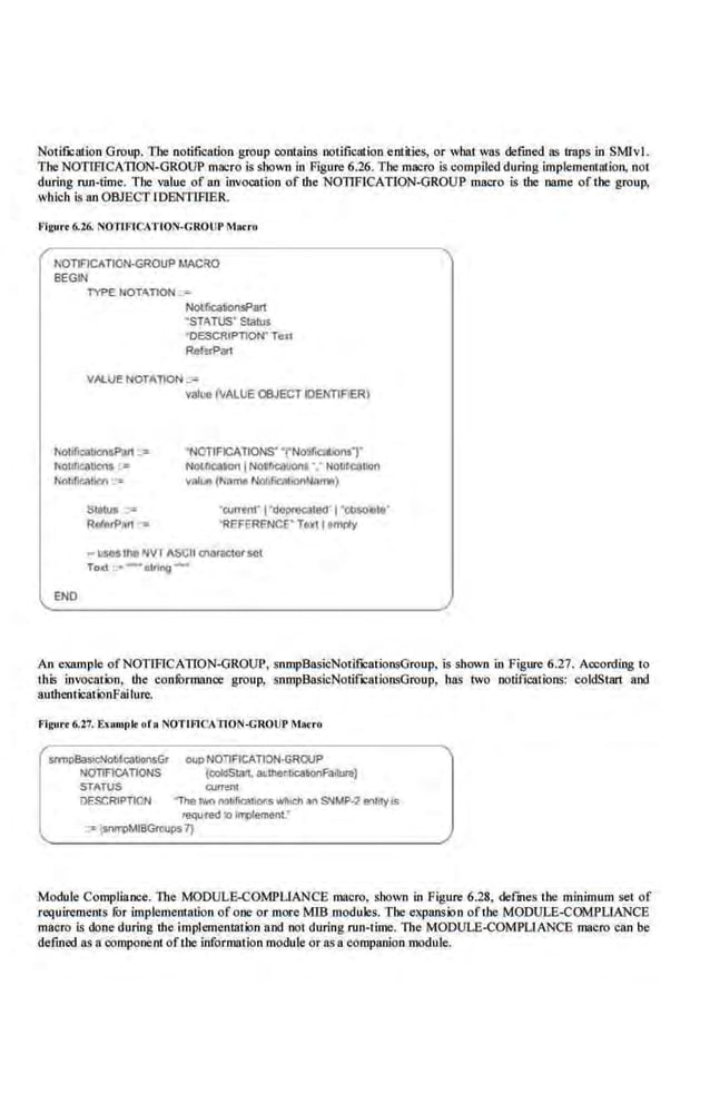 Notification Group. Tbe notification group contains notification entities, or what was defined as lrapsin SMlvl.
The NOTIFICATION-GROUP macro is shown in Figure 6.26. The macro is compiled during implemenwtioo, not
during run-lime. Tbe value of an invocation of the NOTIFICATION-GROUP macro is tbe name of the group,
which is an OBJECT rDENTIFIER.
Figurt 6.26. NOTI.FICATION-GROUP Mll<'ro
t<OTIFlCATION-GROUP MACRO
f!EGIN
TYPE NOTATION :.=
Nolfica1iofl$?art
·sr"'rus· Statu;
"DESCRIPTION'Tell
Relerf>ar1
VALUE NOTATION .•-
value {VALUEOBJECT IDEIHIFiERl
NObfocatlonsPilrt ..,
NOhiiCiiUCns ; ,.
"NOTIFICAliONS' "rNo~licatloruT
NctfiCaiO!I INO~~CIIllOI'IS ·; NOUrCIIPon
~mitI' (Nnm• NotlfK:.11101'1NtJrllll)
Nollfk:allcn •·•
END
StaiUS ~,.
Relf:lrPMI ,.
·currenr l"depfQCilte<f 1"GtlsO"ete"
"RFFERENCE'" Tutl ~mply
- useslllB NVI ASCII C71GractorSill
To<t ~=- -· atrtng -
An example of NOT!FlCATION-GROUP, snmpBasicNotiftcationsGroup, is shmvn in Figure 6.27. According to
this invocation, lhe confurmance group, snmpBas'icNolif"JCationsOroup, has two IIOtifications: coldStart and
authenticationFailure.
Figure 6.27. Eumplt oh NOTIACAT!Of1-CROUP MMtro
SIYilpi!asrc.'lotrfcabonsGr oup NOIF1CATION-GROUP
"011fiCATIONS [coldS!illl. au1henllea1>0nfaflure}
STATUS c:umml
DESCRIPTION 1he 1W0 nc~ficao011s wll>eh ~n S'IIMP-2 e!lllly IS
requred lO ll'q)le.'llellt..
" : !snrrpM!BGroups7}
Module Compuance. The MODULE-COMPLIANCE macro, shown in Figure 6.28, defme.s the minimum set of
requirements for implementation of one or more MIB modules. The expansion oftbe MODULE-COidPUANCE
macro L~ doneduring lhe implemenmtion a·nd not during run-time. The MODULE-COMPUANCE macro can be
defined as a.component oftbe information module or as a companion module.
 