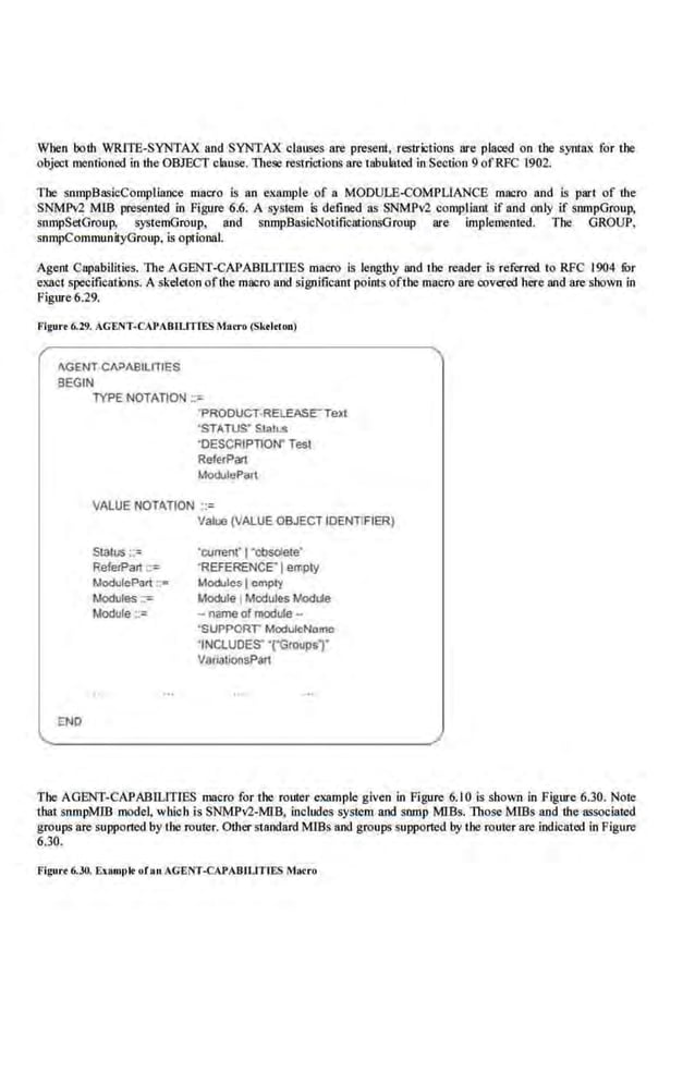 When both WRITE-SYNTAX and SYNTAX clauses are present, restrictions are placed on the· syntax for the
object mentioned in the OBJECT cla.use. 1l1esc restrictions are tabulated in Section 9 ofRFC l902.
The snmpBasicCompliance macro is an example of a MODULE-COMPUANCB macro and is part of the
SNMM MlB presented in figure 6.6. A system is defined as SNMPv2 compliant if and only if snmpGroup.
snmpSetGroup, systemGroup, and snmpllasicNotificmionsGroup are impleme.nted. The GROUP,
snmpCommunityGroup, is optional.
Agent Capabilities. The AGENT-CAPABILITIES macro is lengthy and tbe reader is referred to RFC 1904 fur
exact specifications. A skeleton of!he macro and significant points ofthe macro are covered here and.are shown in
Figure6.29.
Figure 6.29. AGENT-CAPABlUTTES M•rro (Skrlrton)
AGENT CAPABILITIES
BEGIN
TYPE NOTATION :::
ENO
'PRODUCT-RELEASE:"Text
'STATUS• Status
'DESCRIPllON" Test
ReferPart
MooulePart
VALUE NOTATION ::=
Status ..,.
ReferP.art :::
ModulePart ::•
Modules :::
Module ;:::
Value (VALUE OBJECT IDENllFIER)
·currenr l'obsdete•
'REFERENCE" Iempty
Modules J-cmp!y
IAO<llle IModulesWodl.te
- name of module -
'SUPPORT ModlJleNomo
'INCLUDES" "{"GroupsT
Vari<ltlonsPart
The AGENT-CAPABILITlES macro for the router example given in Figure 6.10 is shown in .Figure 6.30. Note
that snmpMIB model, which is SNMPv2-MIB. includes system and snmp MIBs. Those MIBs and the associated
groups are supported by IJIC router. Other standard MIBs and groups supported by the router are indicated in Figure
6.30.
Figurr 6.30. ExllmJ>Ir or.n AGENT-CAPABlUTTES ~htcro
 