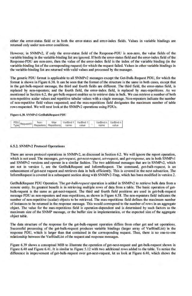 either the error-status field or in both the error-status and error-index fields. Values in variable bindings are
returned only under non-error conditions.
However, in SNMM, if only the error-status field of the Response-PDU is non-zero, the value fields of the
variable binding in the variable-binding list are ignored. Ifboth the error-sunus field and the error-iodexfiekl ofthe
Response-PDU are non-zero, then the value of the error-index field is the index of the variable binding (in the
variablo-binding list ofthe corresponding request) for which the request failed. Vahoes in other variable bindings in
the variable-binding list are returned with valid values and processed by the manager.
The generic PDU format is applicable to all SNMPv2 messages e11cept the Get-Bulk-Request PDU, for which ihe
formal is shown in Figure 6.38. It can be seen thai the format of the structure is the same in both cases, Cllcept that
in the get-bulk-request message, the third and rourtb fields are differe.nt. The third field, tb.e error-status field, is
replaced by non-repeatecs; and the tburth field, the error-index field, is replaced by max-repetitions. As we
mentioned in Section 6.2, the get-bulk-request enables us to retrieve da1ll in bulk. We can retrieve a number ofboth
non-repetitive scalar vnJues and repetitive tabular vnlues with a single message. Non-repeaters indicate the number
of non-repetitive field values requested; and the max-repetitions field designates the maximum number of table
rows requested. We will nex't look at the SNMPv2 operations using PDUs.
Figul'tl).38, SNMPvl GotButkRtctuu l PDU
6.5.2. SJ'MJ>v2 Protocol Opemtions
There are seven protocol operations in SNMPv2. as diS<lussed in Section 6.2. We will ignore the report opemtion,
which is not used. The messages, get-request, gel·nfJXt-request, set-request, and get-response. are in botb SNMPvl.
and SNMPv2 versions and operate in a similar fusbion. The two additional messages that are in SNMPv2, which
are not in version I, are the GelBulkRequest and InforrnRequest. The command, get-bulk-request, is an
enhancement ofget-next request and retrieves daia in bulk efficienUy. This is covered in the next subsection. The
lnfonnRequest iscovered inn subsequent section along with SNMPv2-Trap, which has been modified in version 2.
GelBulkRequest PDU Operation. The gel·bulk,request operation is added in SNMPv2 to retrieve bulk dara from a
remote entity. Its greatest benefit is in retrieving multiple rows of data from a table. lbe basic operation of get-
bulk-request is the same as get-next-request. The third and fuurth field positions are used in get-bulk-request
message PDU as non-repeaters and max-repetitions, as shown in Figure 6.38. 111e non-repeaters field indicates the
number of non-repetitive (scalar) objects to be retrieved The max-repetitions field defmes the maximum number
ofinstances to be returned in the response message. This would correspond to the number ofrows in an aggrega1e
object. llte value for the ma.x-repetitions field is operntion-dependent and is determined by such factors as the
mMimum size oftheSNMP message, or the buffer size in implementation, or the c:.x.p.."Cted size of the aggregate
object table.
The data strueture of the response fur the get-bulk-request operation diffecs from other get and set opera!ions.
Successful processing of the get-bulk-request produces variable bindings (larger array of VarBindLi.st) in the
response PDU, which is larger than that contained in the correspondiug request. Thus, there is no one-to-one
relationship between the VarBiodList oft.be request and response messages.
Figure 6.39 shows a conceptual MlB to illustrate tbe operation ofget-next-request nod get-bulk-request shown in
Figure 6.40 and Figure 6.4J. It is similar to Figure 5.12 with two addirional rows added to the t<oble. To notice the
difference in improvement ofget-bulk-request over get-next-request, let us look at Figure 6.40, which shows the
 