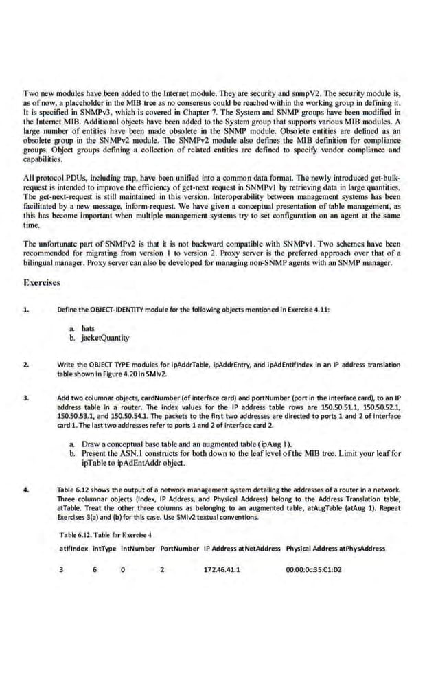 Two new modules have been added to the lnternet module. They are securily and snmpV2. The securilymodule is,
as ofnow, a placebolder in the MIB tree ns no consensus could be reached within the working group in defining it.
h is specified in SNMPv3, which is covered in Chap1er 7. Tbe System and SNMP groups have been modified in
the Internet MIS. Additional objects have been added to ihe System group that suppor1S various MlB modules. A
large number of eDlirics have been made obsolete in the SNMP module. Obsolete emit·ies are de.fined as an
obsolete group in the SNMPv2 module. The SNMPv2 module also defines the MlB definition for compliance
groups. Object groups defining a collectiln of related .entities are defined to specifY vendor compliance a.od
capabilities.
All protocol PDUs, including trap, have been unified into a oommoo data format. The newly introduced get-bulk-
request is intended to improve tbe efficiency ofget-next request in SNMPvl by retrieving data in large quantities.
The gct-n.ex.t-request is still maintained in this version. lnteroperability between management systems bas been
facilitated by a new message, inform-request We have given a conceptual presentation of mble management, as
this has become important when mull.iple management systems try to set configuration on an agent at the same
lime.
The unfortunate part of SNMPv2 is that it is not bac-kward compatible with SNMPvl. Two schemes have been
recommended for migrating from version I to version 2. Proxy server l$ the preferred approach over that of a
bilingual manager. Proxy server can also be de,>eloped for managing non-SNMP agents with an SNMP manager.
Exercises
1. Definethe OBJECT-IDENTITY modulefor the following objects mentioned inExercise 4.11:
a hats
b. jacketQuantity
2. Write tile OBJECT lYPE modules for lpAddrTable, ipAddrEntrv, and lpAdEntlflndex In an IP address translation
table shown In Figure 4.20 lnSMiv2.
3. Add two columnar objects, cardNumber (of Interface card) and portNumber (port·ln the Interface card), to an IP
address table In a router. The Index values for the IP a!ldress table rows are 150.50.51.1, 150.5052.1..
150.5053.1, and 150.50.54.1. The pac~ets to tile fil$t two addresses are directed to port$1 and 2 of interface
card1.The lasttwo addresses refer to ports 1 and 2of interface card 2.
a Draw aconceptual bnse mble and an augmented tabJe.(ipAug I).
b. Present the ASN.I constructs for both down to the leaflevel ofthe MIB tree. Limit your leaffor
ipTable to ipAdEntAddr object.
4. Table 6.12 snows tile output of a networkmanagement system detailing the addresses of a router in a network.
Three columnar objects (Index, IP Address. and Pnyslcal Address) belong to the Address Translation table.
atTable. Treat the other three columns as belonging to an -augmented table, atAugTable (atAug 1). Repeat
Exerc.ises 3(a) and (b) for this case. Use SMiv2 te>rtualconventions.
Tobit 6.11. Tablt ror &~trtl!>t 4
atlflndex intType lntNumber PortNumber IP Address atNetAddress Physlall Address atPhysAddress
3 6 0 2 172.46.41.1 OO:OO:Oc:35f:1:02
 
