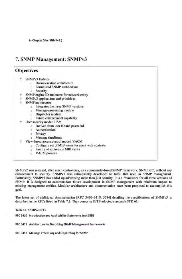 In Chapter 5forSNMPvl.)
7. SNMP Management: SNMPv3
Objectives
SNMPv3 reatures
o Documentation architecture
o Formalized SNMP architecture
o Security
SNMP engine ID and name for networkentity
SNMPv3 applications and primitives
SNMP architecture
o Integrates thethree SNMP versions
o Message-processing module
o Dispatcher module
o Future enll!lncement capability
User security mode~ USM
o Derived from userID and password
o Authentication
o Privacy
o Message timeliness
View-based a.ccesscontrol model, VACM
o Configure set ofMIB vie,vs for agent wilh contexts
o Family ofsubtrees in MlB views
o VACM process
SNMP>/2 was released after much rontroversy, as acommunity-based SNMP fi'nlnework, SNMPv2C, wiihout any
enhancement to security. SNMPvJ was subsequently developed to fulfill that need in SNMP management.
Fortunately, SNMPv3 has ended up addressing more than just security. lt is a framework for all three versions of
SNMP. It is designed to aceommodaJe fut:ure development in SNMP management wit.h minimum impact to
existing management entities. Modular architecture and documentation have been proposed to accomplish this
goal.
The latest set of additional documentation [RFC 341Q-3418, 3584] detailing the spe<:ifications of SNMPvJ is
described in the RFCs listed in Table 7.l. They comprise lETF-adopted.stnndards STD 62.
Tobit 7.1. S~~1""J RFC$
RFC 3410 Introduction and Applicability Statements (not SID)
RFC 3411 Architecturefor Describing SNMP Management Frameworks
RFC 3412 Message Processing and Dispatching forSNMP
 