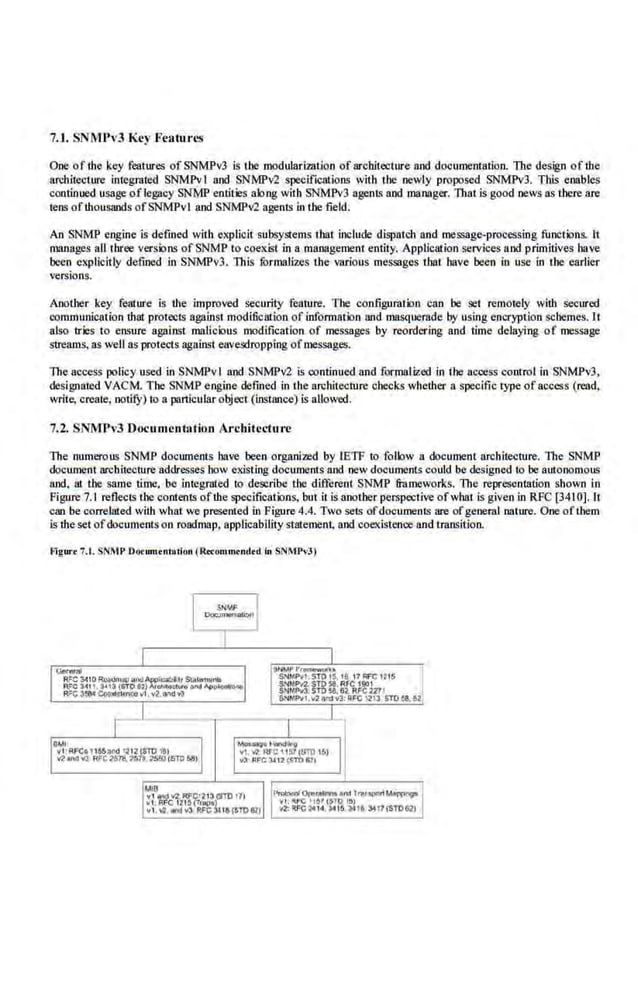 7.1. SNM.Pv3 Key Featu res
One of the key features of SNMPv3 is tbe modularization of archJtccture and documentation. The design of the
arcbilecture integrated SNMPvI and SNMPv2 specifications with the newly proposed SNMPv3. This eoables
continued usage of legacy SNMP entities along with SNMPv3 agents and maooger. That is good news as there are
tens of thousands ofSNMPvl and SNMPv2 agents In the field.
An SNMP engine is defined with explicit subsystems that include dispatch and meSlSge-processing functions. It
manages all three versions of·SNMP to coexist in a 11l8113getnent entity. Application services and primitives have
been expllcllly defined In SNMPv3. This rormalizes the various messages that have been in use in the earlier
versions.
Another key feature is the improved security feature. The configuration can be set remotely with secured
Cl)mmunication that protects &gilinst modification of inf'onnation 1111d masquerade by using encryption schemes. It
also tries to ensure against malicious modification of messages by reordering and. time delaying of message
streams, as well as·protects against eavesdropping ofmessages.
The access policy used in SNMPvl and.SNMPv2 is continued and formalized in the access control in SNMPv3,
designated VACM. The SNMP engine defined in the an;hitecture checks whether a specific type of access (read,
write. create, notizy) to a particular object (instnoce) is allowed.
7.2. SNMPv3 Documeot11Cioo Architcclure
The numerous SNMP documents have been organized by IETF to follow a document architecture. llte SNMP
document architecture addresses bow existing documents and new documents could be designed to be autonomous
and, at the same time. be lnt.egrated to describe the ditTerent SNMP frameworks. The representation shown in
Figure 7.1 reflects the contents ofthe specifications, but it is another perllpeclive ofwhat is given in RFC [3410].11
can be oorrelaied with what we presented in Figure 4.4. Two sets ofdocuments are ofgeneral nature. One ofthem
is theset ofdocuments on roadmap, applicability statement, and coexistence and transition.
Agurt 7.t. SNMP Documtnlation (R<'<unllntndtd in SNMPv3)
 