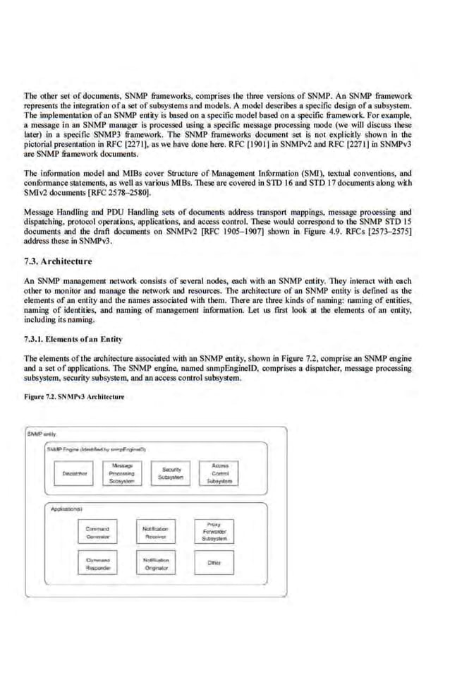 Tbe otber set ofdocuments, SNMP frameworks, comprises tbe three versions of SNMP. An SNMP framework
represents the integration ofa set of subsySiems and models. A model describes a specific design of a subsystem.
The implementation ofan SNMP entity is based on a specific model based on a specific framework. For example,
a message in an SNMP manager is processed using a specific message processing mode (we will discuss tbese
later) in a specific SNMP3 framework. Tbe SNMP fhlmeworks documenl set is no1 cxplicilly shown in the
pictorial presentation in RFC [2271], as we have done here. RFC [1901) in SNMPv2 and RFC [2271] in SNMPv3
are SNMP framework documents.
Tbe information model and MISs cover StruciJre of Management lnfurmation (SMI), tel<tual conventions, and
confunnance statements, as well as various MlBs. These are covered in STD 16 and STD 1.7 documents along with
SMrv2 documenls [RFC 2578-2580].
Message Handling and PDU Handling sets of documenls address transport mappings, message processing and
d!spatchi!lg, protoool operations, applications, and access control. 1ltese would correspond to 1be SNMP STD IS
documents tuld the draft documents on SNMPv2 [RFC 1905- 1907] shown in Figure 4.9. RFCs [2573-2575]
address these in SNMPv3 .
7.3. A rchitecture
An SNMP management network oonsists of several nodes, each with an SNMP entity. They interect with each
otber 10 moni1
or and manage the network and resources. The architecture of an SNMP entity is defmed as the
elements of an entity and the names associaled with lhem. There are three kinds of naming: naming of entities,
naming of identities, and naming of management informalion. Lei us first look at the elements of an entity,
including its naming.
7.3.1. li:Jcn.enlS ofan E111ity
The elements oftbe architecture associated with an SNMP enlity, shown in Figure 7.2. comprise an SNMP engine
and a set of applications. The SNMP engine, named.snmp.EnginelD. comprises a dispatcher. message processing
subsystem, security subsystem. and an access control subsySiem.
Figurt 7.2.SNMPvJ Arcblloeture
SKr.:P....Iy
r--
-'~·--...-............
EJ~~
s..>a)O- - ~
..
--·§ ~
.... 1
=:1
~ 8 B
 