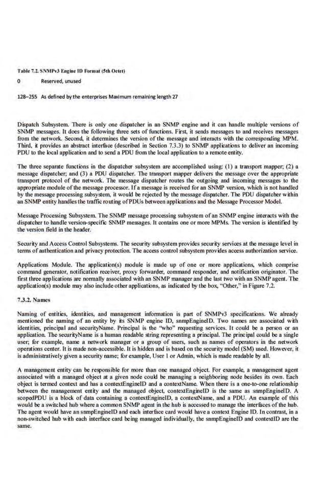 TRblr7.2. SN~1P'3 Enginr iD FOrlllAI (5111 Ocltl)
0 Reserved, unused
128-255 As defined by the enterprises Maximum remaining length 27
06patch Subsystem. There is only one dispatcher in an SNMP engine and it can handle multiple <ersions of
SNMP messages. It does the following three sets of functions. First, it sends messages to and receives messages
.from the network. Second, it determloes tbe version of the message and interacts with ibe corresponding MPM.
Third, it provides an abstract interliloe (described in Section 7.3.3) to St.'MP applications to deliver an incoming
PbU to the local application and to send a PDU from the local application to a remoteentity.
The three sepa.rate functions in the dispalcher subsystem are accomplished using: (1) a transport mapper; (2) a
message dispatcher; and (3) a POU dispatcher. The transport mapper delivers the message over the appropriate
tmnspon protocol of the network. The message dispatcher roures the outgoing and incoming messages 10 the
appropriate module ofthe message processor. Ifa message is received for an SNMP version, which is not handled
by the message processing subsystem, it would be rejected by the message dispatcher. The PDU dispatcher within
an SNMP entity handles the traffic.routing ofPDUs between applications and the Message·Processor Model.
Message Procc.ssing Subsysrcm. The SNMP message prooessing subsystem ofan SNMP engine interacts with the
d.ispatcher to handle version-specifiC SNMP messages. It contains one or more.MPMs. The version is identifted by
1be version field in tbe header.
Security and Access Control Subsysr.ems. The security subsystem provides security services at the message level in
lerrns ofauthemication and privacy protection. The access control subsystem provides access authorization service.
Applications Module-. The applicarion(s) module. is made up of one or more applicruions, which comprise
command generator, notificalion receiver, prolly forwarder, oommand responder, and notificalion originator. The
first three applications are normally associated with an SNMP manager and the last two with an SNMP agent. The
application(s) module may also include other applications, as indicated by tbe box, "Other," in Figure 7.2.
7.3.2. 1
HDICS
Naming of entities, identities, and management information is part of SNMPv3 specifications. We already
mentioned lhe naming of an entity by ir:s SNMP e.ngine 10, snmpEngineTO. Two names are associated with
Identities, principal and securityName. Principal is the 'vho" requesting servlces. It could be a person or an
application. The securityName is a human readable string representing a priocipnl. The principal oould be a single
user; fur ex.ample, name a network manager or a group of users, such as names of operators in the network
operations center. It is made non-accessible. It is hidden and is based on !hesecurity model (SM) used. However, it
is administrar·i•-ely given a security name; fur example, User I or Admin, which is made readable by all.
A management entity can be responsible for more than one managed object. For example, a management agent
associated with a managed object at a give.n node could be managing a neighboring node besi.des its own. Each
objecr is termed context and has a conte.xtEngiociD and a oonte.xtNnme. When there is a one-to-one relatioaship
between the· management entity and tbe managed object, cootext.EnginelO is the same as srunpEnginelD. A
scopedPDU Is a block of data containing a contextEngineiD, a conteld.Name, and a PDU. An example of this
woukl be a swirched hub where a common SNMP agent in rbe bub is accessed m manage the imermces ofthe hub.
The agent would have an snmpEngineiD and each interfuce card would havea context Engine ID.ln contrast, in a
non-switched hub with each interface card. being managed individually, the snmpEngineiD and contextlD are the
same.
 