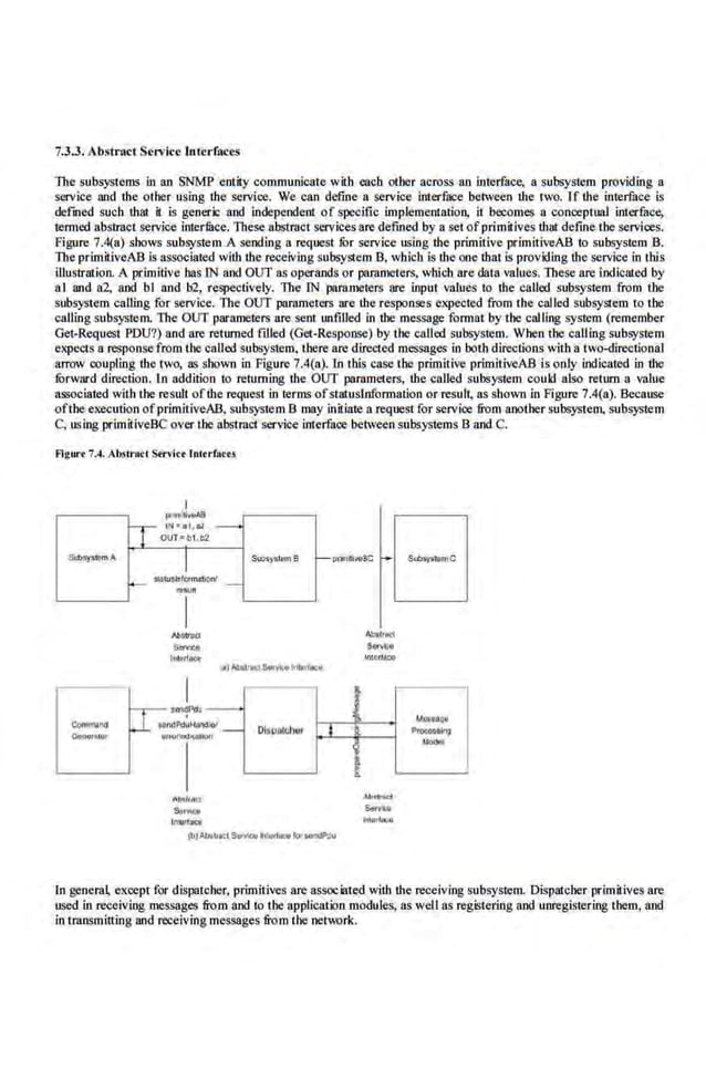 7.3.3. Abstract Service Interfaces
The subsystems in an SNMP emil.y communicate with eacb other across an interface, a subsystem providing a
service and the other using the service. We can define a service inlerface between the 1wo. If the interface is
defmed such thai it is generic and independent of specific implementation, it becomes a conceptual interfuce,
termed abstract service interface. These abst~:~~cr services are defined by a set ofprimitives that define the services.
Figure 7.4(a) shows subsystem A sending a request fur service using the primitive primiiiveAB to subsystem B.
The primitiveAB is associated with lbe receiving subsystem B, wb.icb is tb.c one tb.at is providing the service in this
illustration. A primitive has IN and OUT as operands or parameters, which are data values. These are indicated by
a I and a2, and 'bl and b2, respectively. The IN porumelers are input values to the called subsystem from the
subsystem calling for service. The OUT parnmeters m:e the responses expected from the called subsystem to the
caJling subsystem. The OUT parameters are sent unfilled in the message format by the calling system (remember
Get-Request PDU'l) and are returned filled (Get-Response) by the called subsystem. When the calling subsystem
expects a response from the called subsyS1em. there are directed messages in both directions with a two-direetlona.l
arrow coupling the two, as shown in Figure 7.4(a). In this case the primitive primitiveAB is only indicated in the
fur-ward direction. ln addition to returning the OUT parameterS, the called subsystem could also return a value
associated with the .re.suh ofthe request in terms ofstatuslnformation or result, as shown in Figure 7.4(a). Because
ofthe-execution ofprimitiveAB, subsystem B may initiate a requestfor service from another subsystem, subsystem
C, LL~ing prirnitiveBC overtiJC abstract service interface between subsystems Band C.
Flgun 7.4. Abstract Strvict tnttrfocu
-~ 1
-,1
IIO'IIfi...C:I
s..-
"'"''"""
- Olagllldl<lr I
lbl'""'"•<ts-b; ~u...t....tu-....dS'Uu
1 M$.Jtlef
l -1111>11
t -
In general, except for dispaic.l~er, primitives are associated with the receiving subsystem. Dispatcher primitives are
used in receiving messages from and to the applicailin modules, as well as registering and unregislering them, and
in transmitting and receiving messages from the neh~rk.
 