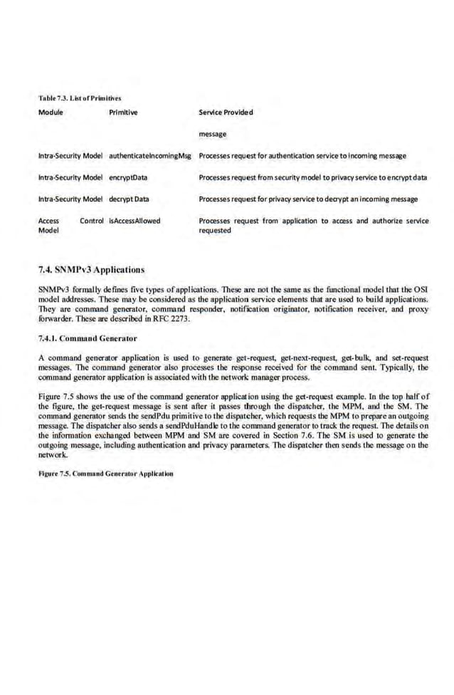Tablt 7.3. Li!<l ofPrlrnillvts
Module Primitive Servlce Provided
message
Intra-Security Model autnenticatelncomJngMSj! Processes request for authentication scrvlce'to Incorn'lng message
Intra-Security Model encryptData
Intra-Security Model decrypt Data
Access
Model
Control lsAccessAIIowed
7.4. SNMPv3Applicarions
Processes request from security modeI to privacy service to encryptdata
Processes request for privacy service to decrypt an Incoming message
Processes request from application to access and autttorlze service
requested
SNMPvJ formally defines five types ofappllcalions. These are 001 the same as the functional model tbat the OS!
model acldresses. These may be considered as the applkation service elements thai are used to build applications.
They are command generator, command responder, nolif'Jcation odginator, notification receiver, and proxy
fOrwarder. These ate described in RFC 2273.
7.4. 1. C:ommnnd Generator
A command generator application is used to generate get-request, get-next-request, get-bulk, and set-request
messages. The command generntor also processes the response received for the command sent. Typically, tbe
command geoerator application is associated with t.be oetwork manager process.
Figure 7.5 shows the use of the command genemior application using the get-request example. ln the top half of
the figure, the get-request message Is sent after it passes through lite dispatcher, the MPM, and the SM. The
command generator sends the sendPdu primitive to the dispatcher, which requests the MPM to prepare an ougoing
message. The dispatcher also sends a sendPduHandle to the command generator to tmck the request. The detailso.n
the information excba.ngcd between MPM and SM are covered in Section 7.6. The SM is used to generate t'llC
outgoing message, including authentication and privacy pammeters. The dispatcher then sends the message on the
networ.k.
Flgurt i.S. ComnlJind Ctntr•cur At>t>ll<~llon
 