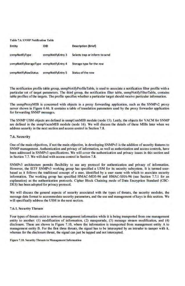 Entity OlD Description (Brief)
snmpNotlfyType snmpNotlfyEntry 3 Selects trap or inform tosend
snrnpNotlfyStorageType· snmpNotifyEntry 4 Storage type for the row
snmpNotlfyRoWStatus snmpNotlfyEntry 5 Statusofthe row
The notification profile lllble group, snmpNoti.fyProflleTnble, is used to associate a noti.ficnfion filler profile with a
particular set of target parameters. The third group, the notification .filrer table, snmpNotifyFilterTable, colllains
table profiles ofibe targets. 1Jte profile specifies whether a particular target should receive particular information.
The snmpProxyMIB is concerned with objects in o proxy (orwurding application, such as dte SNMPv2 pro~~:y
server shown in Figure 6A6. It contains a table oftranslation parameters used by the proxy forwarder application
for forwarding SNMP messages.
The SNMP USM objects aredefined in snmpUsmMIB module (node 15). Lastly, the objects fbr VACM fbr SNMP
are defmed in the snmpVacmMlB modnle (node 16). We will dlscuss the details of these Ml.Bs later when we
address security in the next section and access control in Section 7.8.
7.6. Secudty
One oftbe main objectives, ifnot the main objective, in developing SNMPv3 is the addition ofsecnrity features to
SNMP manngement. Authentication and privacy of infonnation, as weU as authorization and access colllrols, bave
been addressed in SNMPv3 specifications. We will cover the auUteot·ication and privacy issues in this section and
in Section 7.7. We will deal with access control in 81:ction 7.8.
SNMPv3 arcbiteotnre peimits texibility to use. any protocol fbr at~henticutio.n and privacy of information.
However, the £ETF SNMPv3 working group has specified a USM for its security subsystem. ft is t-ermed user-
based as it follows the t~itional concept of a user, identifi.ed by a use.r nllllle with which to associate security
information. llte working group has specified HMAC-MDS-96 and HMAC-SHA-96 (see Section 7.7.1 ror an
explanation) as the authentication protocols. Cipher Block Chaining tnode of Data Encryption Standard (CBC-
DES) has been adopted for privacy protocol.
We will discuss the general aspects of security associated with the types of dtreaLS, the security modules, the
message data format to acoomrnodate security parameters, and the use and ma11agement ofkeys in this section. We
will specifically address 1bc USM in the nem section.
7.6. 1. Security T hreats
Four types of-threats exist to network management informarion while it is being trao.sported from one management
entity to another. ( I) modification of information, (2) masquerade, (3) message stream modification, and (4)
disclosure. Tbeso are shown in Figure 7.10, where the information is transponed from management entity A to
management entity B. For the ftrst three threliiS, the signal has to be intercepted by an intruder to tamper with it,
whereas fur the disclosure tbreat, the signal canjust be tapped and not intercepted.
Flgur• 7.t0. S.CurltyThrealS tolboag<m<oi Jufonnatioo
 