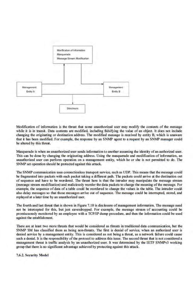 ModifiCOIM ol lnfmmtion
Maflql!lltade
M(assagt!Stroam M
DdincaliOn
MNUt~m.ont t.'-"""!1""""'1
EnliWA En1il)'8
l
I DlllidUIIUJI
I
Modification of information is the threat thar some unauthorized user may modifY the contents of the message
while il is in transit. Data contents are modified, including falsifYing the value of an object. h does not include
cbanging the originating or destination address. The modified message is received by entity B. whlch is unaware
that it bas been modilled. For example, the response by an SNMP agent to a request by an SNMP manager could
be alte,red by this threat.
Masquerodc is when an unauthorized user sends information to another assuming the identity ofan authorized user.
This can be done by changing tbe originating address. Using lbe masquerade and modification of information, an
unauthorized user can perform operarioo on a management entity, whicb he or she is not permiued to do. The
SNMP set operation should be protected against Ulis attack.
The SNMP communicatio.n uses connectionless transpon service, such as UDP. This means that the message could
be fragmented into packets with eacb packet taking a different path. The packets could arrive m the destination out
of sequence and have to be reordered. The threat here is that the intruder may manipulate the message stream
(message stream modification) and maliciously reorder thedata packets to c.hange the meaning ofihe message.. For
example, tbe sequence ofdalll of a table cou.k! be reordered to change the values in the lllble. Tbe .intruder could
also delay messages so that those messages arrive out ofseq..eoce. The message could be interrupted, s10red, aod
replayed at a later time by an unauthorized nser.
The .fourth and last threat t:bat is shown in figure 7.10 is disclosure of management infOrmation. 11te message need
not be intercepted for this, but just eaveSdropped. For example, the message stream of accounting could be
promiscuous.ly monitored by an employee with a TCP/IPdump procedure, and iheo tbe information could be used
lll!flinst lbe establishment.
There are at least two more.threats that would be considered as threats in t'rtldilional data communicat·ioo, but the
SNMP SM has classified them as being non-threats. The first is denial of service, when an authoriz.ed user is
den.ied service by a management entity. This is considered as not being a threat, as a network tililure could cause
such a denial. It is the responsibility ofthe protocol to address this Issue. The second threat thar is not considered a
management Utreat is traffic analysis by an unauthorized user. It was determined by the 1ETP SNMPv3 working
group that there is no significant advantage achieved by protectingagainst this attack.
7.6.2. Security Model
 
