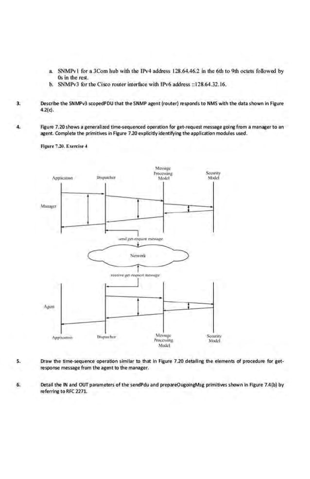 a. SNMPvl for a 3Com hub with the 1Pv4 address 128.64.46.2 in the 6th to 9th octets followed by
Os in ihe rest.
b. SNMPv3 tOr the Cisco rouier interfuce with 1Pv6 address ::128.64.32.16.
3. Describe the SNMPv3 scopedPDU that the SNMP agent (router) responds to NMSwith the data shown In Figure
4.2(c).
4. Agure 7.20 shows a generalized time-sequenced operation for get-request messagegoing from a manager to an
agent. Complete the primitives in Figure 7.20 e)(plicidy identifying theapplication modules used.
figurr 7.lO. Exrrdsr 4
I
I
I
-
M<>QS"
Pro.'O<inJ
Mold
;
5. Draw the dme-sequence operadon similar to that In Figure 7.20 detailing the elements of procedure for get-
response messagefrom the agentto the manager.
6. Detail the IN and OUT parameters of the sendPdu and prepareOugolngMsg primldves shown In Agure 7.4(b) by
referring to RFC 2211.
 