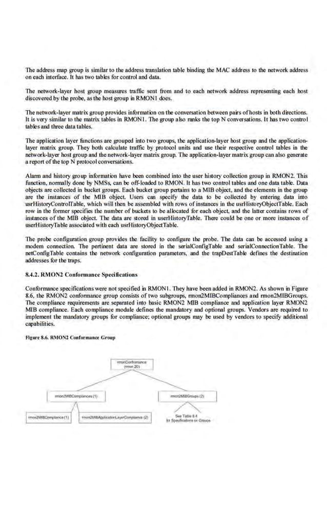 The address map group is similar to tbe address translation wble bindmg tbe MAC address to lhe network address
on each interface. It has two lables for com·rolnnd data.
The nerwork-layer host group measures traffic sent from and to each network address representing ench host
discovered'by tbe probe·, as tbe host group in RMON I does. ·
The network-layer matrix group provides informal ion on the conversalion between pairs ofhosts in both directions.
It is very similar to the matrix tables in RMON I. The group also ranks the top N conversations. It bas two contraI
tables and tbree data tables.
The application layer functions are grouped into two groups, the application-layer host group and the application-
layer matrix group. They both calculate iraffic by protocol units and use their respective control Ulbles in the
networ.k-loyer host group and the network-layer matrix group. The application-layermatrix group can also generate
a report ofthe top N prutocolconversations.
Alallll Wld history group information have been combined into the user history collection group in RMON2. This
fuoction, nonnally done by NMSs. can be off-loaded to RMON. Lt has t'J control tables and ooe data table. Data
objects are coHected in bucket groups. Each bucket group pertains to a MIB object, and the elements in the.group
are the instances of the MIB object. Users can specify the dam to be collected 'by entering data into
usrAistoi)ControiTa'ble, wbicb will then be assembled with rows ofinstances in the usrAistoryObjectTable. Each
row in the former specifies tbe number of buckets to be allocated for each object, and the latter contains rows of
instances of the MIB object. The data nre stored in userHistorifable. There could be one or more inslrulces of
userHistorifable associated with each usrHistoryObje<.'tTable.
The probe configuration group provxtecs the facility to configure the probe. The data can be accessed using a
modem connection. The pertinent data are stored in the serialConfigTable and serialConnectionTable. The
nelConfigTable contains the· network configuration parameters, 8Dd the trapDestTabJe. defines the destination
addresses fur the traps.
8.4.2. RMON2 Confomtance Spccifieations
Confurrnance specificationswere not specified in RMON I. They have been added in RMON2. As shown in Figure
8.6; the RMON2 confollllWJCe group consists of two subgroups, llllon2MIBCompliances and llllOn2MIBGroups.
The compliance requirements are separated into basic .
RMON2 MIB compliance and appliauion layer RMON2
MlB compliance.. Each compliance module defines the mandatory and optional groups. Vendors are required to
implement the mandatory groups fur compliance; optional groups may be used by vendors to specify additional
capabilities.
flgurt 8.6. RMONl Cunformon<'< Gruup
 