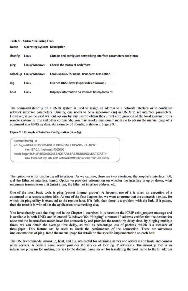 TAble 9.1. S1AIIti-M6lliloriu' Tools
Name Operating System Description
lfconflg Llnux Obtains and configures networl<ing Interface parameter.; and status
ping LlnuxfWIndows Checks the status of node/host
nslookup LlnuxfWindows Looks up DNS lor name-IP address translation
dig linux Queries DNS server(supersedes nslookup)
host llnux Displays Information on Internet hosts/domains
The command ifconfig on n ONlX syslem is used to assign an address to n network inlerface or to cooftgure
network interface- parameters. Usually, on.e needs to be a super-user (su) in ONIX to set interface parameters.
However, itcan be used without options by any user to obtain the current configuration ofthe local system or ofa
remo1e system. [n this and other commands, you mny invoke man commlltldnnme to obtain the manual page of a
command in a UNIX system. An eKample ofifconfig is shown in Figure9.1.
Figure 9.1. ExAmpleof lnltrfot t ConllguroiiOJI (lrconllg)
nelmiJ• ifcooftg -a
ldl llag,.:849<UP.l00l'BIICK.RUNUING.MU.i1CAST> miU 8231
lrtet 127.0.0.1 nolmasl< 1000000
hlllefr llags;=863<l.P,BROAOCAST,~TRA!LERS,RUNNING.MULTICAST>
mtu 1500net 192.207.8.31 nellmskffiiiiOO broadE:asl192.:<07.8.255
The option -a is for displaying all interfuces. As we can see, there are two interfaces, the loopbaek interface, loO,
nod the Ethttn.et interface, hmeO. Option - a provides infurmatio.n on whether the interface is up or down, what
maximum transmission unit(mtu) it has. the Ethernet interface address, etc.
One of the most basic tools is ping (packet lntemet groper). A frequent use of it is when an execution of a
command on a remote station fuils. As one ofthe first diagnostics, we want to ensure that the connection exists, for
which the ping utility L~ executed to the remote host. Ifit fails. then there i's a problem with the link. If it passes.
then the trouble is with either the application or something else.
You have already used the ping tool in the Chapter I exercises. It is based on the ICMP echo_request message and
is available in both UNIX nod Microsoft Windows OSs. "Pinging" a remote lP address verifies that the destination
node nod the intermediate nodes have live connectiviiy nod provides the round-trip delay time. By pinging multiple
times, we can obtain the average time delay, as well as percenmge .loss of packets, which is a measure of
throughpm. This 'feature can be used to check the perfOrmance of the connection. There are numerous
implementations ofping. Read the manual page for details on the specific implementation on each host.
The UNIXcommands, nslookup, host, nod dig, are useful for oblaining names and addresses on hosts and domain
name serve,rs. A domain name server provides the ~rvice of locating IP addresses. The nslookup tool is an
interacti.ve program fur making queries to the domain name server for translating the host name to thelP address
 
