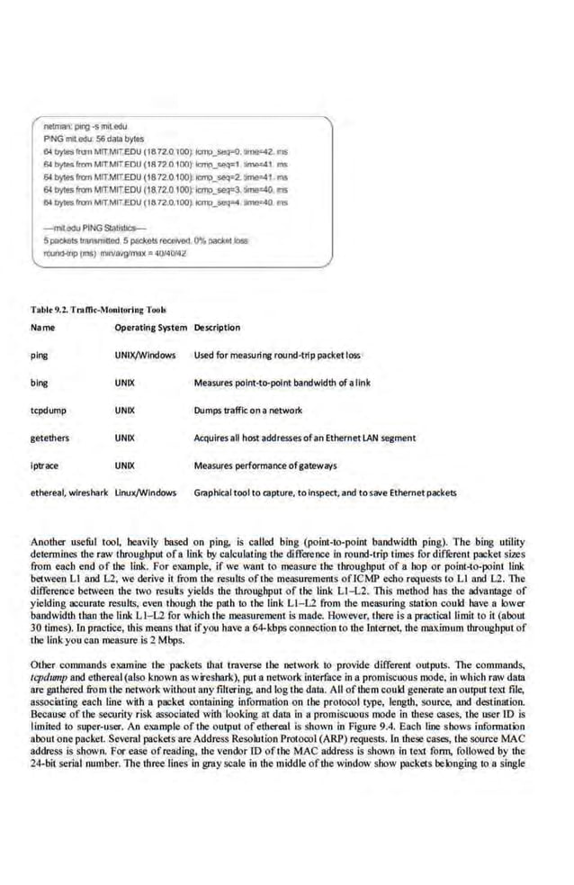 nelma<~; ~ -s m~.e<Ju
PNG miloou 56data bytos
6-ll>ytilS (ron MfT[viiTEOU ( 16.72.0 1Q0~ IWlp_se<f'(l.!lluF4Z. •IS
6-l!>y!eslmm MIT.MlT.EDU (1872.0.100~ ~-""'<-'- tlme:41 ms
&I byles frtrn Mlf,MITJillU (1872.0,100~ lcmp_seq=2. !lmeo41 11>5
&I bytes frtrn MITMIT.EDU (1872.0 100t,lcn!p_seq:3.timao40. 11>5
6-1 bytes rran MITMIT.EDU (16 72.0.100~ k:nD_~. ~. ons
-mlledu PINGStathtJcs-
Spacl<ets trlnsmiUod Spaole!S reootvod 0% l)aCk.et toes
tCIJriCMttp (m5) mtn/ll'lg/ITlilX" ~0/40/42
Tabt• 9.2. Traffic-MonitoringToob
Name Operating System Description
ping UNIX/Windows Used for measuring round-trip packetloss
bing UNIX Measures point-to-point bandwidth of alink
·tcpdump UNIX Dumps traffic on a networ1<
getethers UNIX Acquires all host addresses ofan EthernetLAN Segment
lptrace UNIX Measures performance ofgateways
ethereal, wireshark Llnux/Windows Graphicaltool to capture, to inspect,and to save Ethernetpackets
Another useful tool, he<~vily based on ping. is called bing (point-to-point bandwidth ping). The bing utility
determines lhe raw throughput ofa link by calculating the difference in round-trip times for different packet sizes
from ea.c-h end of the link. For example, if we want to measure the throughput of a hop or point-to-point link
between LJ and L2, we derive it from the results ofthe measurements oflCMP echo requests to LJ and L'2. The
difference between 1he two results yields tbe throughput of the link LI-L2. 111is method bas tbe advanUlge of
yielding accurate results, even though the path to the link LJ-L2 from the meawring sUition could have a lower
bandwidth than the link Ll- L2 for which the measurement is made. However, there is a practical limit to it (about
30 times). In practice, this means that ifyou have a 64-kbps coDnCction to the InterneI, the maximum throughput of
the linkyoucan measure is2 Mbps.
Other commands examine the packets that traverse the network to provide different outputs. The commands,
lcpdtoup and ethereal (also known as wireshark), put a network interface in a promiscuous mode, in which raw data
are gathered from the networkwitbout any filtering. and log the dam. All ofthem could generate an output teld: file,
associating each line with a packet containing infonnation on the protocol type, leoglh, source, and destination.
Because of the seeuriry risk associated with looking at dala in a promiscuous mode in the.sc cases, the user ID is
limited to super-user. An example of the output ofethereal is shown in Figure 9.4. Each line shows infonmation
about one packet. Several packets are Address Resolution Protocol (ARP) requests. In these cases, the souroe MAC
address is shown. Fo.
r ease ofreading, the vendor ID ofthe MAC address is shown in text form, followed by the
24-bit serial number. The three lines in gray scale in the middle ofthe window show packets belonging to a single
 
