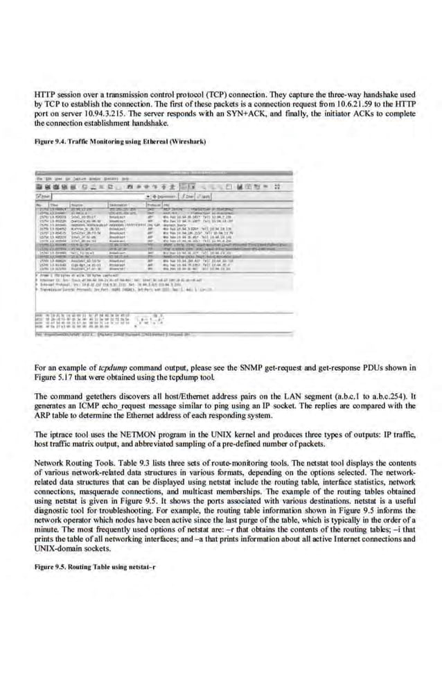 HTTP session over a trtu~smission control protcx:ol (TCP) connection. They capture the three-way bandshalre used
by TCP to establish the connection. The first oftbese packets is a connection request from 10.6.21.59 to the HTTP
port on server 10.94.3.215. 11te server responds with an SYN+ACK, and finally, the initiator ACKs to complete
theconnection establishmeru handshake.
Flgurt 9.4. 'fr•tllc: Monitoring u; lng Elhtreot (Wirtsh•rk)
...... ;.. .~..... ..__.. "..... .,..
l~j~.... ~~'-·"
, ~••"lfl'"•o'M • •,,..~
I> (_...,Ill li't t-,;IOMM- 11•........... e.: II......... ~. f..WI
t J.,.,.,, ......., .,...,... ,-go•••llt: •• ..... niOI .. 'Il'
II ...................... .., .... - -·· ~· "'" ... - ... I .. I ·- '
e: :~:!~~::u :~==~::: ~ ....,4,•.
.... :;::::.::~; ::: ;.:!lo ,,..,....... .
r.;t........,._.no LAI/IILJc lti>•-Jl9.......JJiii*--..i~lit•
For an example of tcpdump command output, please see the SNMP get-r6:(uest.and get-response PDUs shown in
Figure 5.17 that were obtained using the tcpdump tool.
The command getet.bers discovers aII host/Etheroet address pairs on tbe LAN segment (a.b.c.l to a.b.c.254). It
generates an !CMP echo_request message similar to ping using an IP socket. The replies are compared with the
ARP table to detennine the Ethernet address ofeach responding system.
The iptrace tool uses the NETMON program in the UNIX kernel and produces three types of outputs: IP tmffie,
host traffic matrix output, and abbre·viated sampling ofa pre-defmed number ofpackets.
Network Routing Tools. Table 9.3 lists three sets ofrouto-monitoring tools. llte nctstat tool displays the contents
of various network-related dam struet.ures in various fOrmats, depending on Lhe options selected. The lletwork-
related data structures that can be displayed using netstat include tbe routing table, intermce statistics, network
connections, masquerade connections, and multicast memberships. The example of tb.e routing tables obtained
using nelstat is given in Figure 9.5. It shows the ports associated with various destinations. netstat is a useful
diagnostic tool for troubleshooting. For example, the routing table information shown in Figure 9.5 iofurms ilte
network operator which nodes have been active·since the last purge ofthe mble, whicb is typically in the order ofa
minute, Tbe most frequently used options of netSLal are: -r that obtBins the conterus of the routing mbleJ>; -i that
prints the table ofaU networking interillces; and - a that prints information about all active Iniernet connections and
UNIX-domain sockets.
Agut-. 9.5. Routiug Tabtt using tlf131al- r
 
