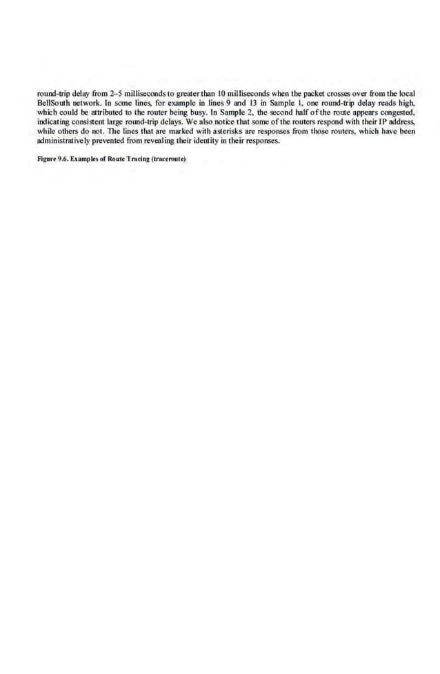round-trip delay from 2- 5 milliseconds to g:reatenhao 10 milliseconds when the packe1 crosses over from the local
BeUSouth network. In some lines, for example in lioes 9 nod 13 in Sample I, one round-Lrip delay reads high,
which could be attributed to the router being busy. In Sample 2, the second half ofthe route appears congested,
indicating consistent large round-trip delllys. We also·notice that some ofthe routers respond 'viib their IP address,
while oibers do not. The lines that are marked with astcrisks arc responses from those routers, which have beeo
administratively prevented from revealing their identity in their rcspo1.1ses.
flgurt 9.6. E.umplts of Routt Tn.clo~ (lnKtroult)
 